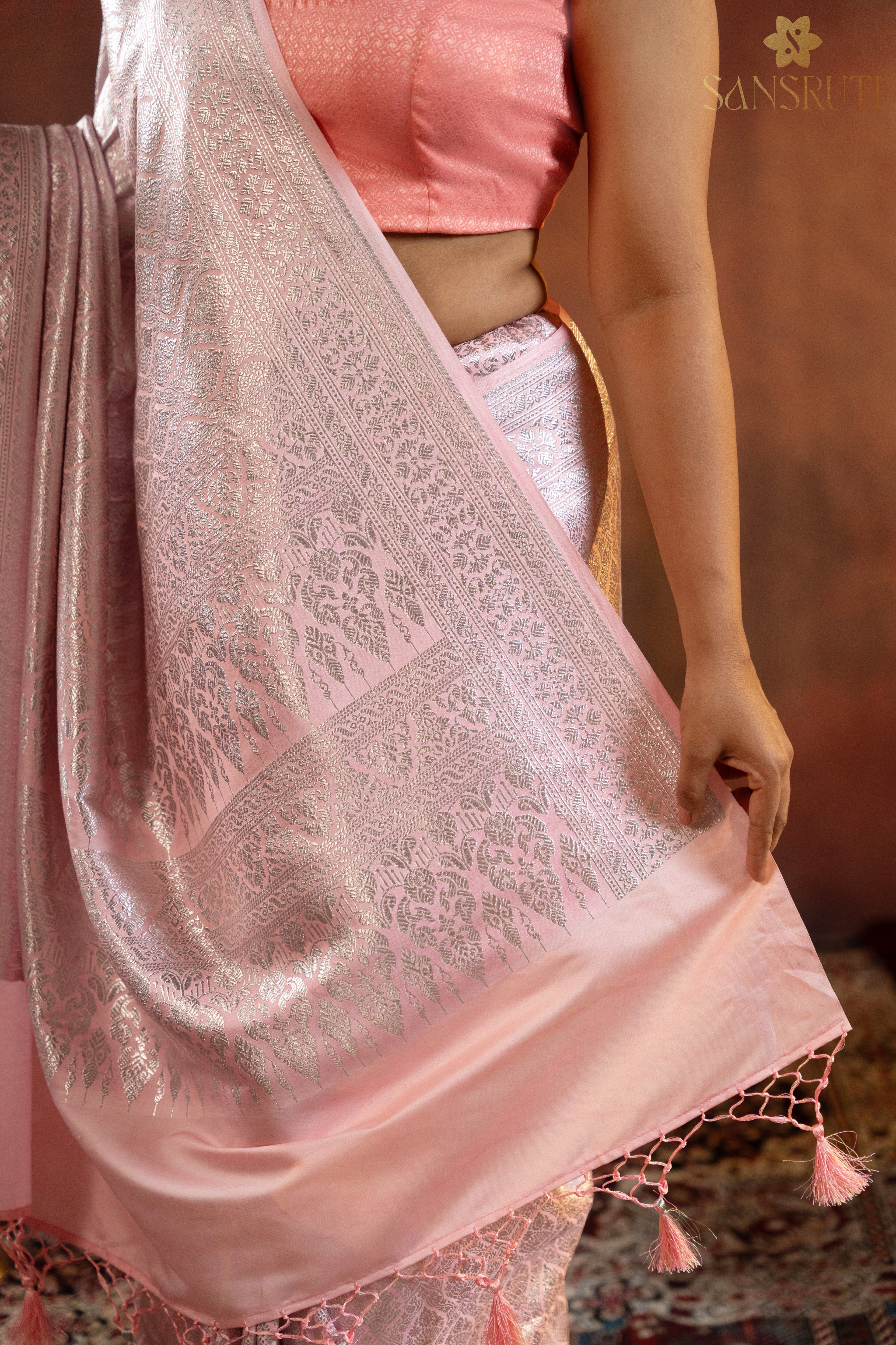 Blush Petals Pink Brocade Banarasi Saree