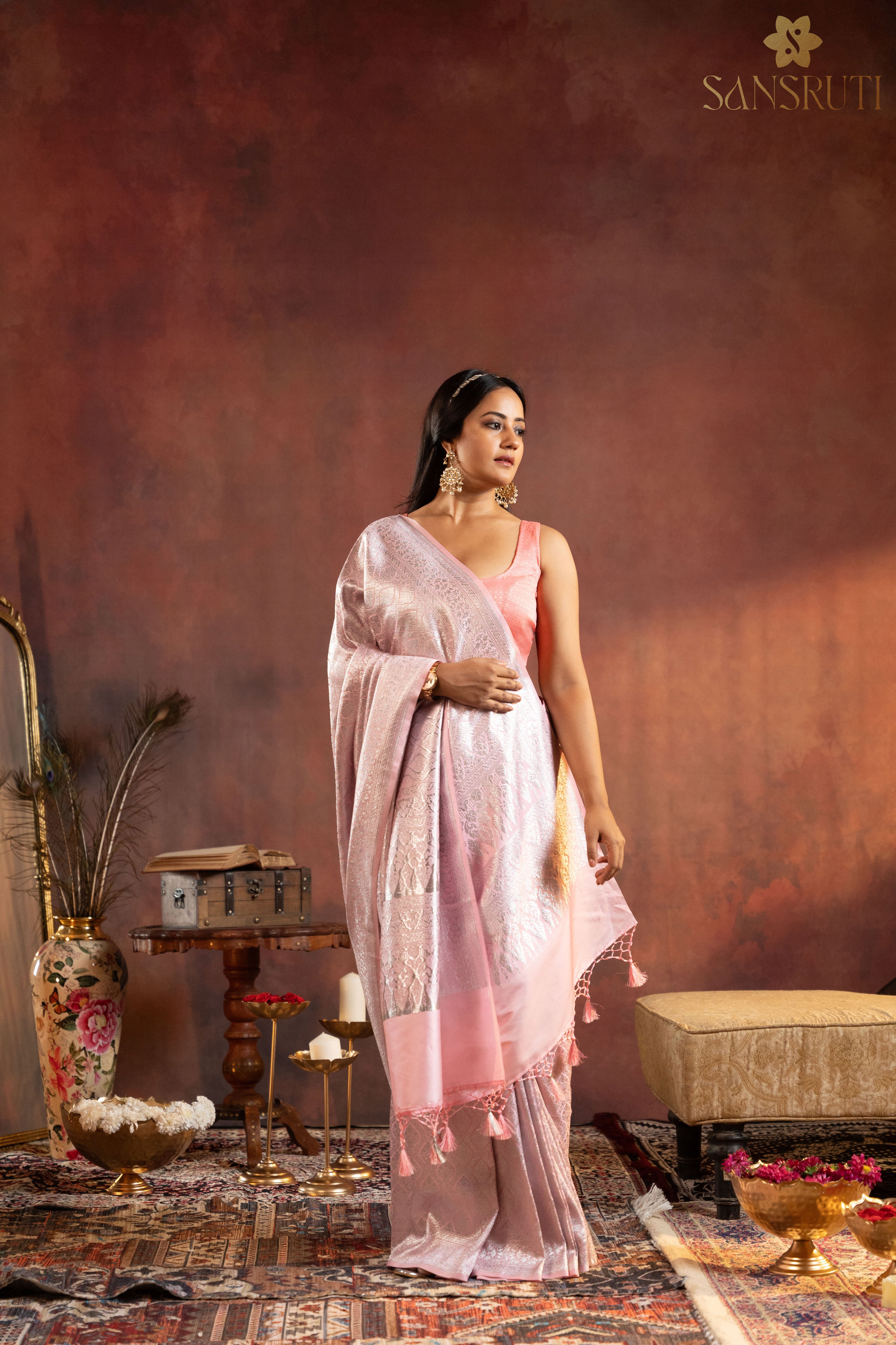 Blush Petals Pink Brocade Banarasi Saree