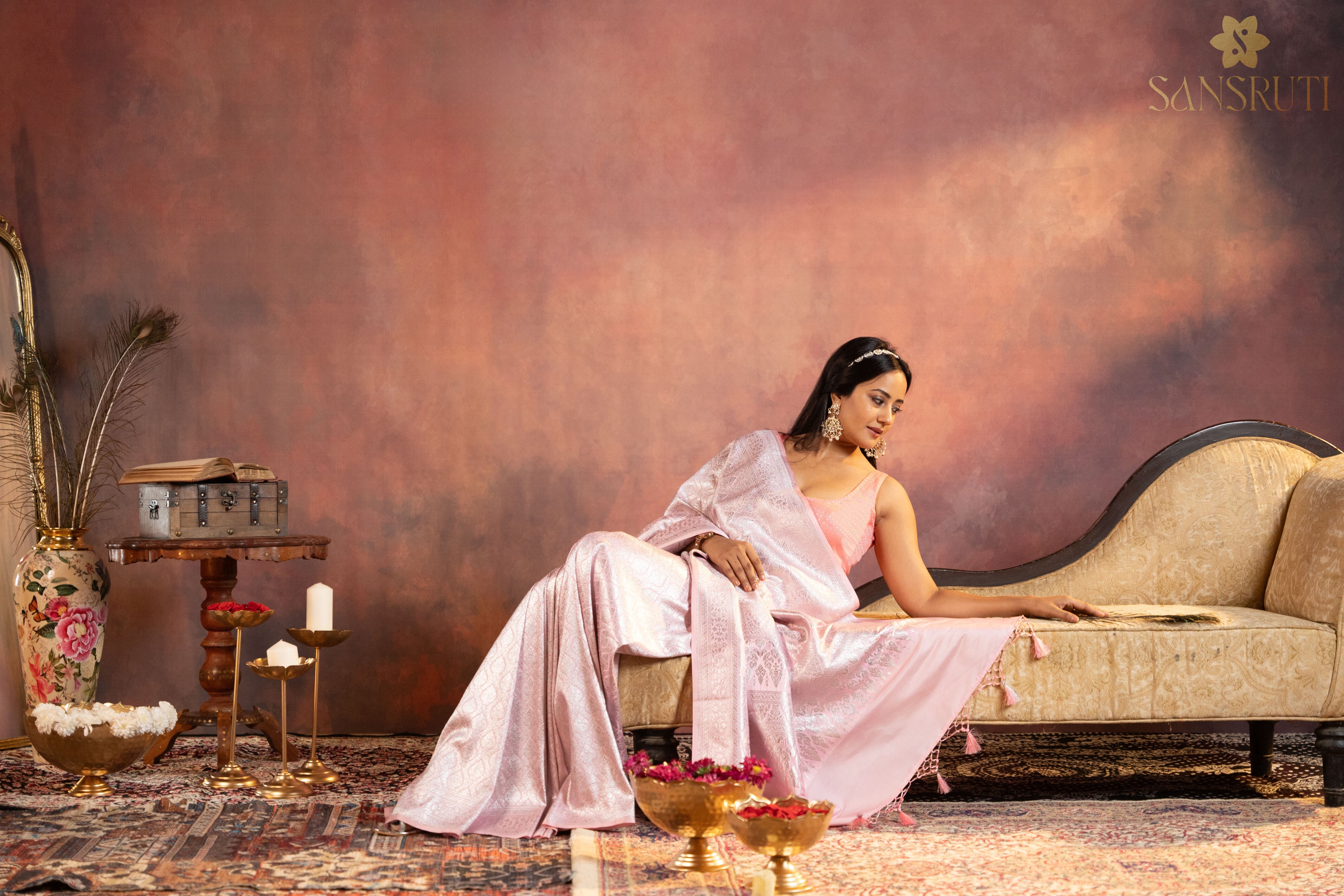 Blush Petals Pink Brocade Banarasi Saree