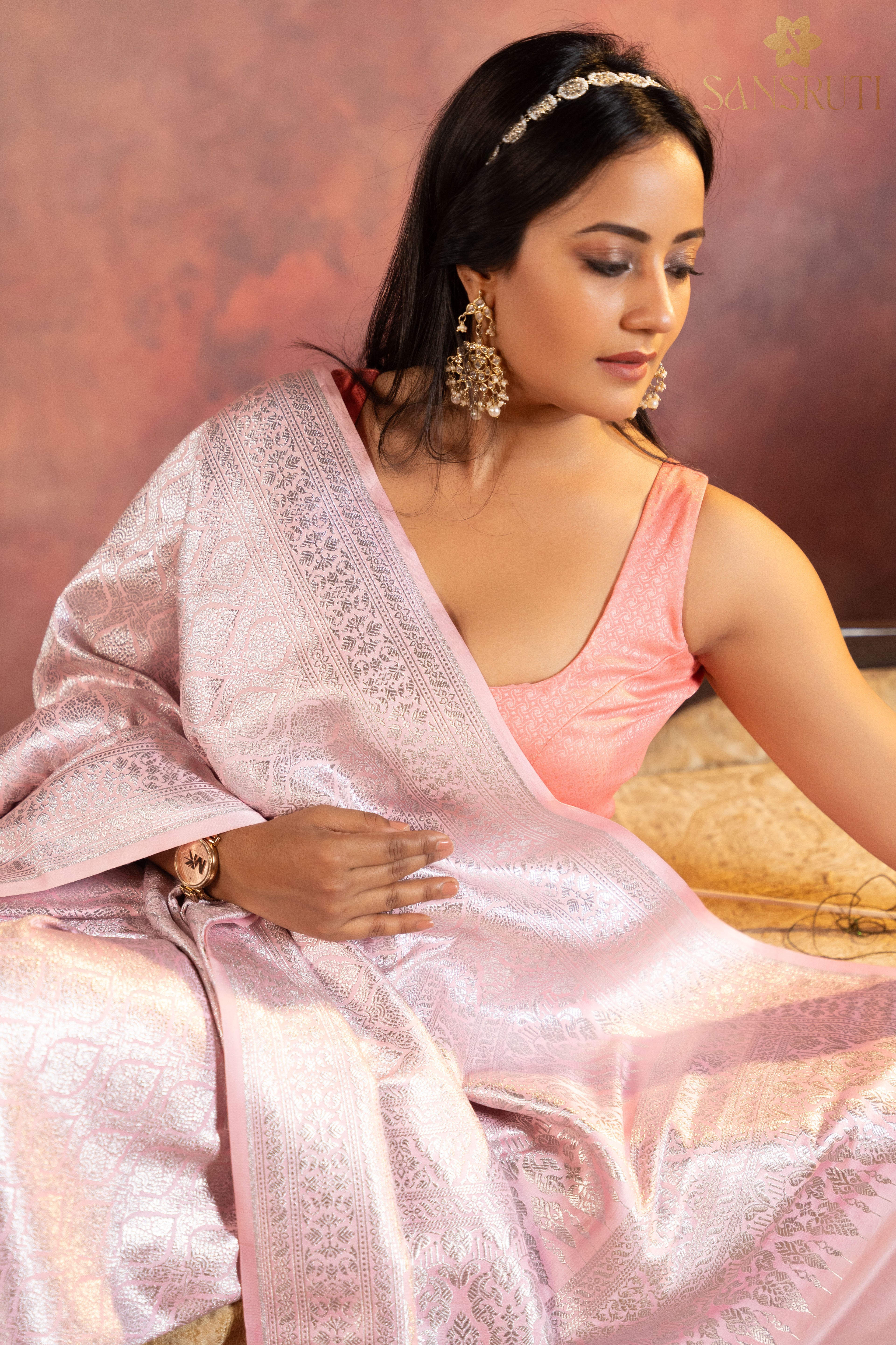 Blush Petals Pink Brocade Banarasi Saree