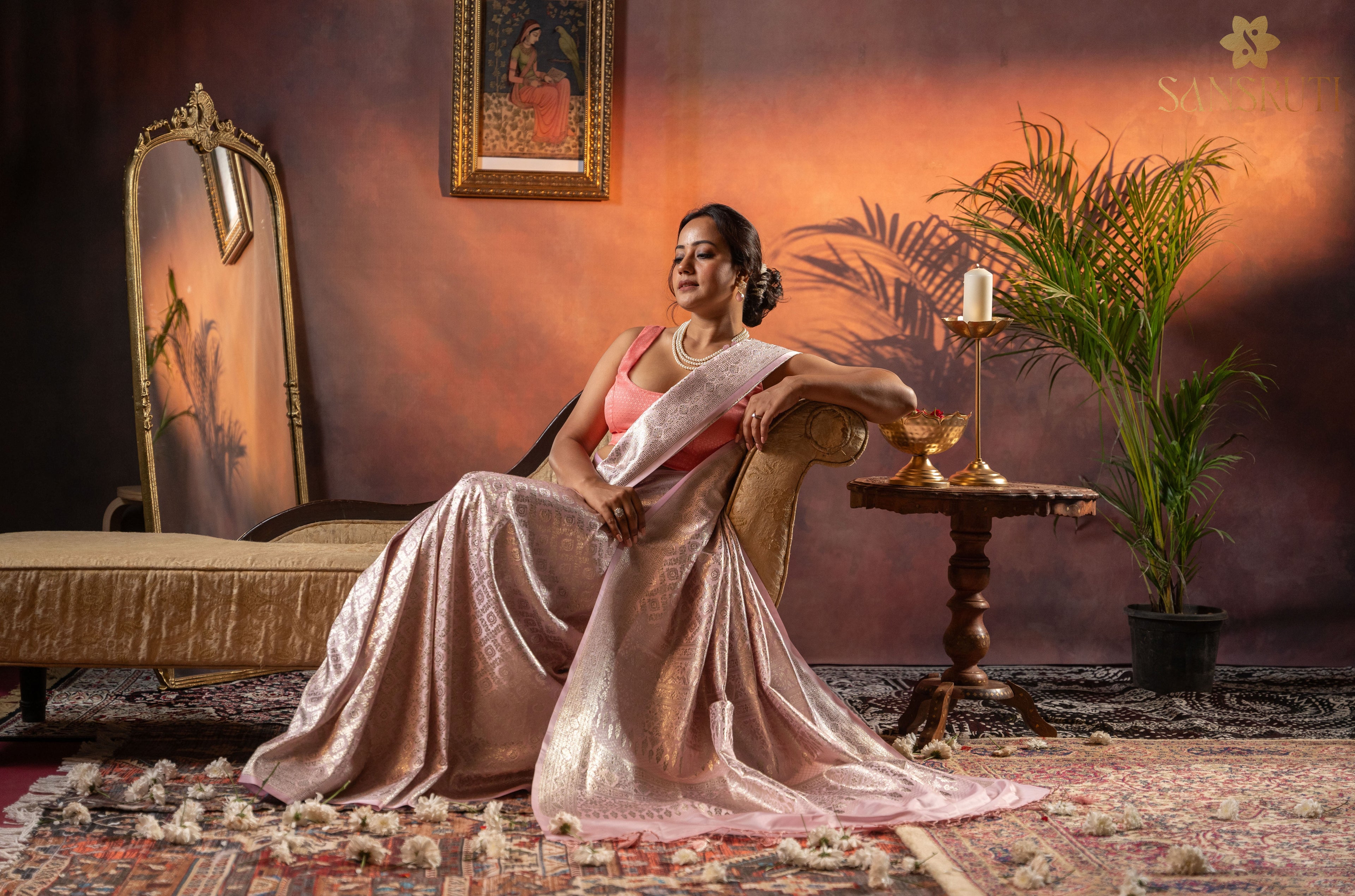 Blush Petals Brocade Banarasi Saree