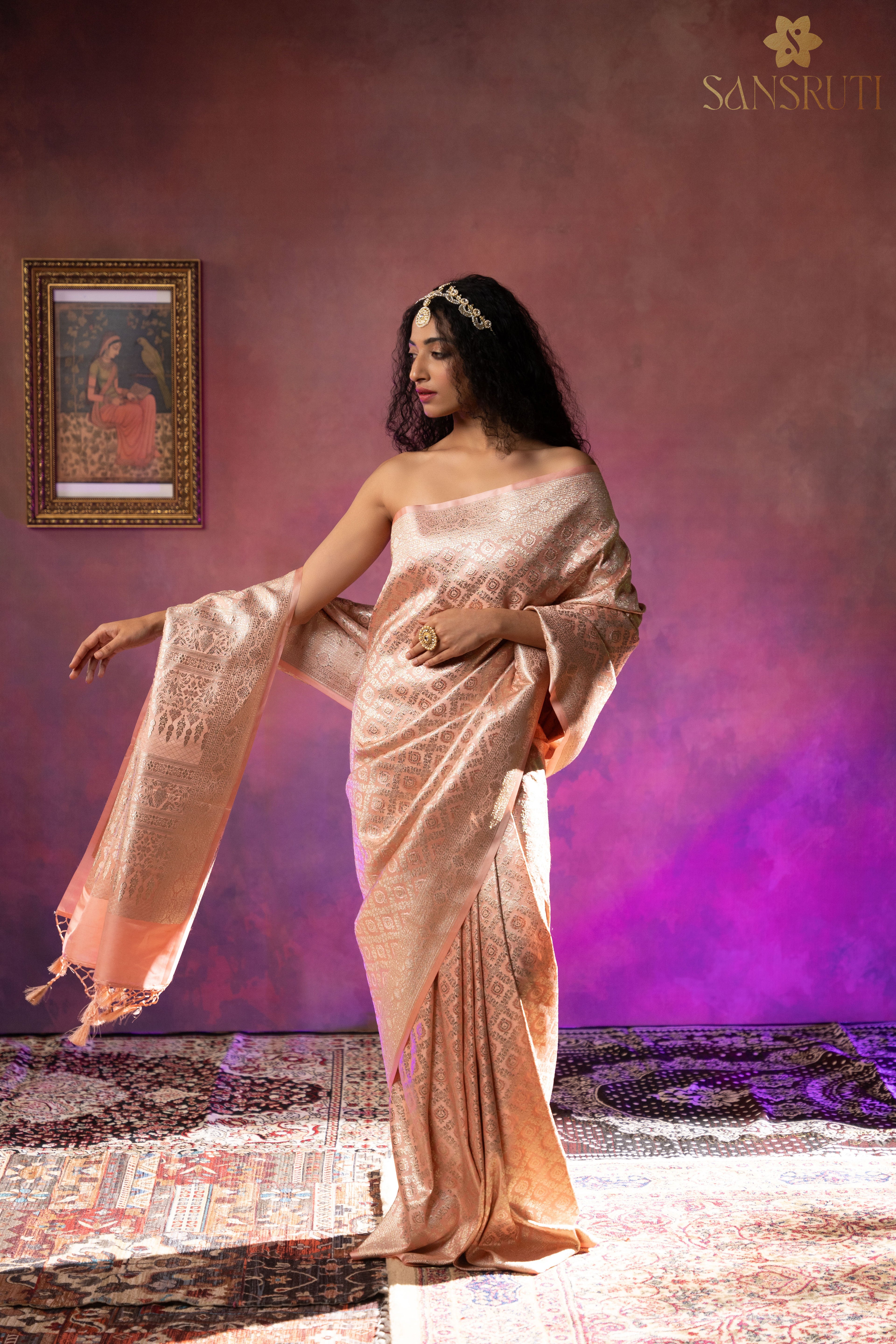 Peach Blossom Brocade Banarasi Saree