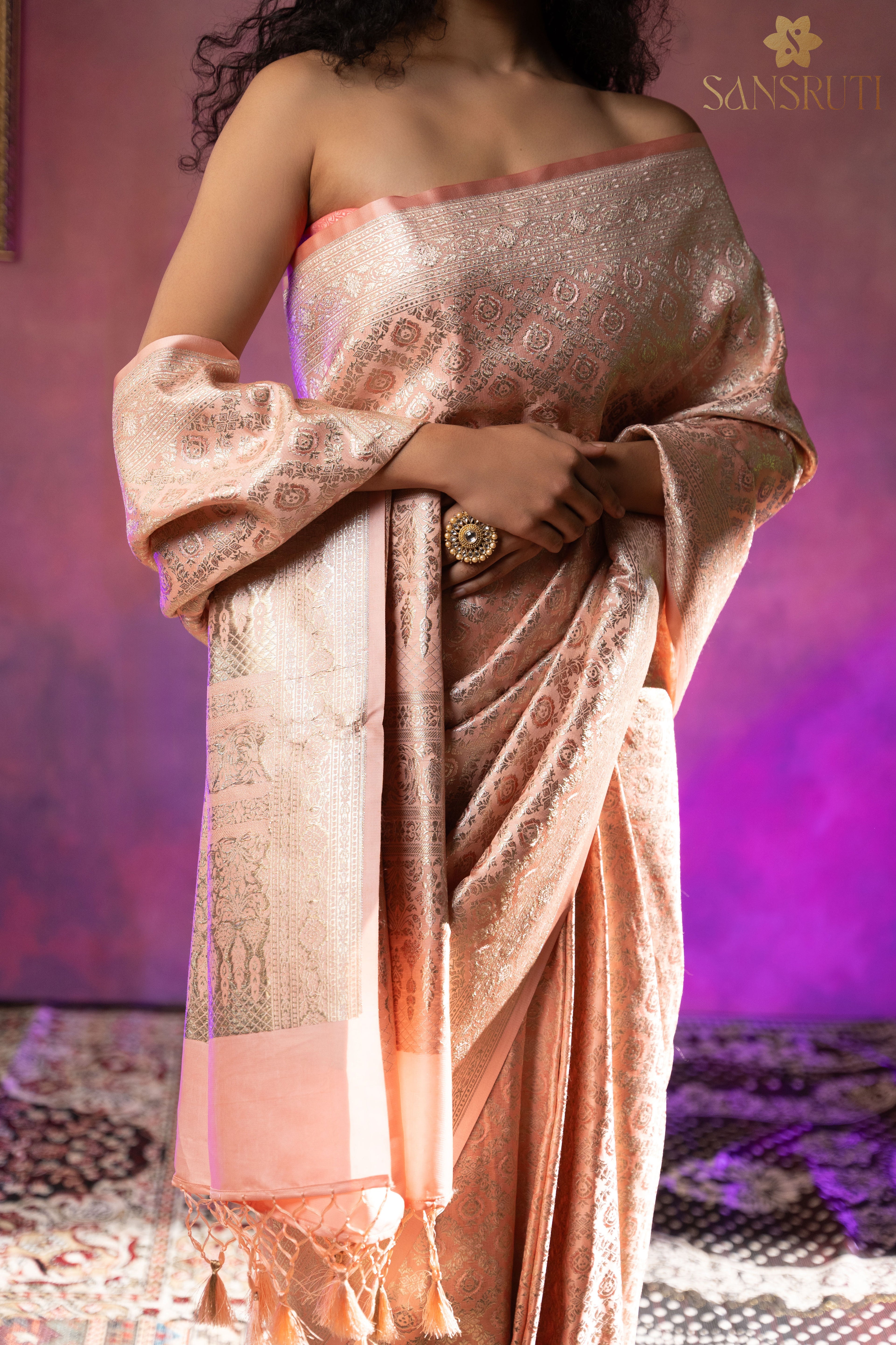 Peach Blossom Brocade Banarasi Saree