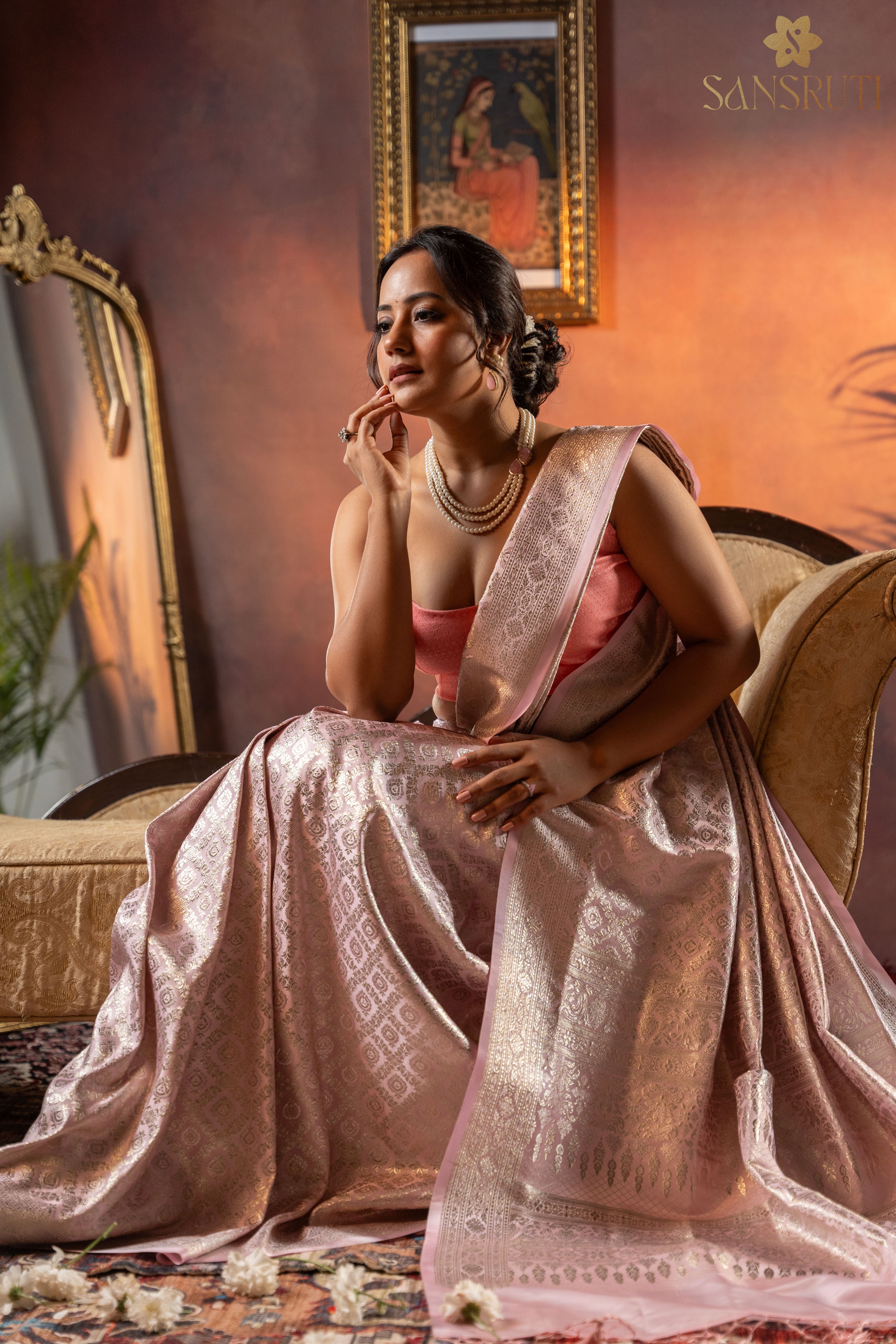 Blush Petals Brocade Banarasi Saree