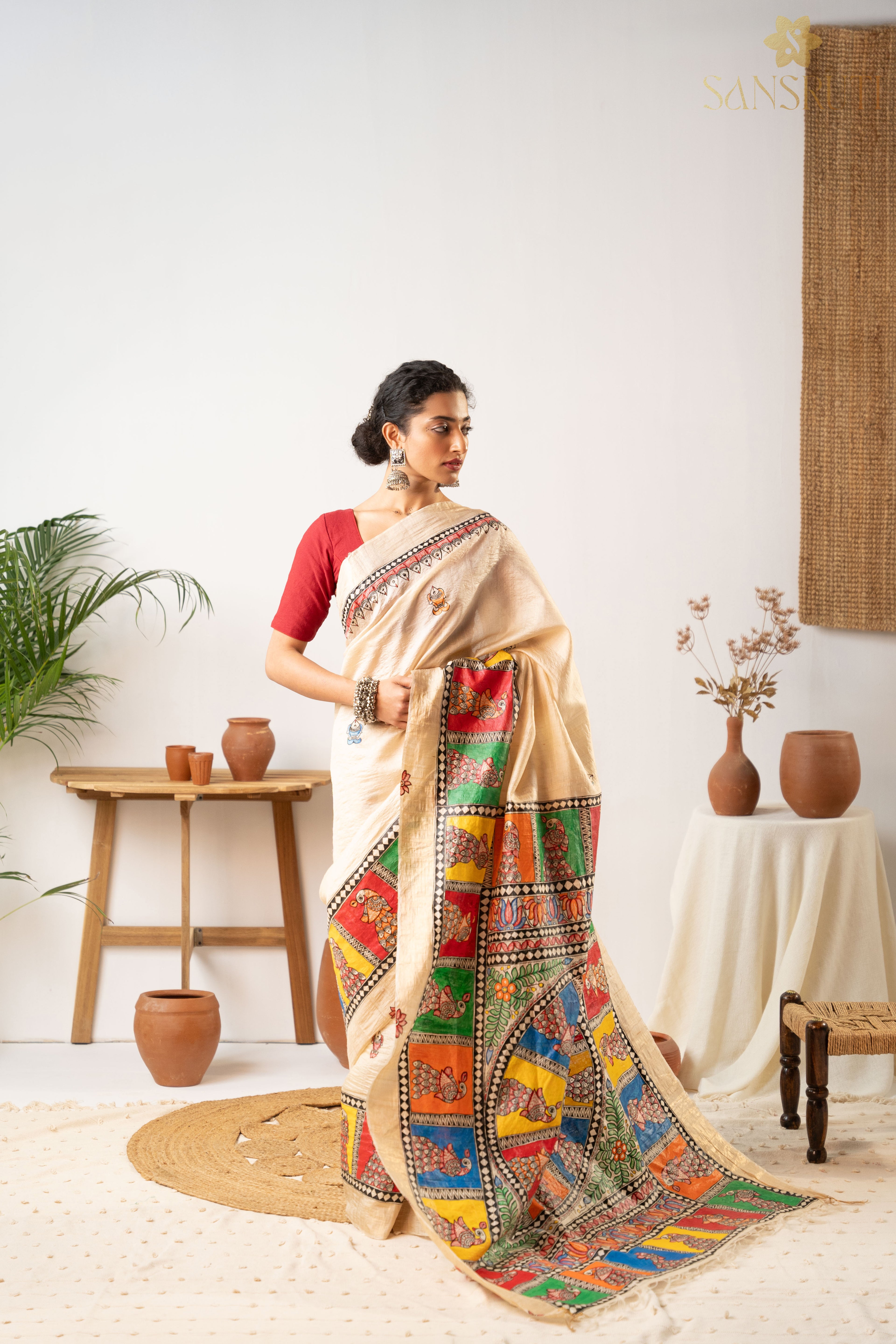 Heritage Beige Silk Madhubani Saree