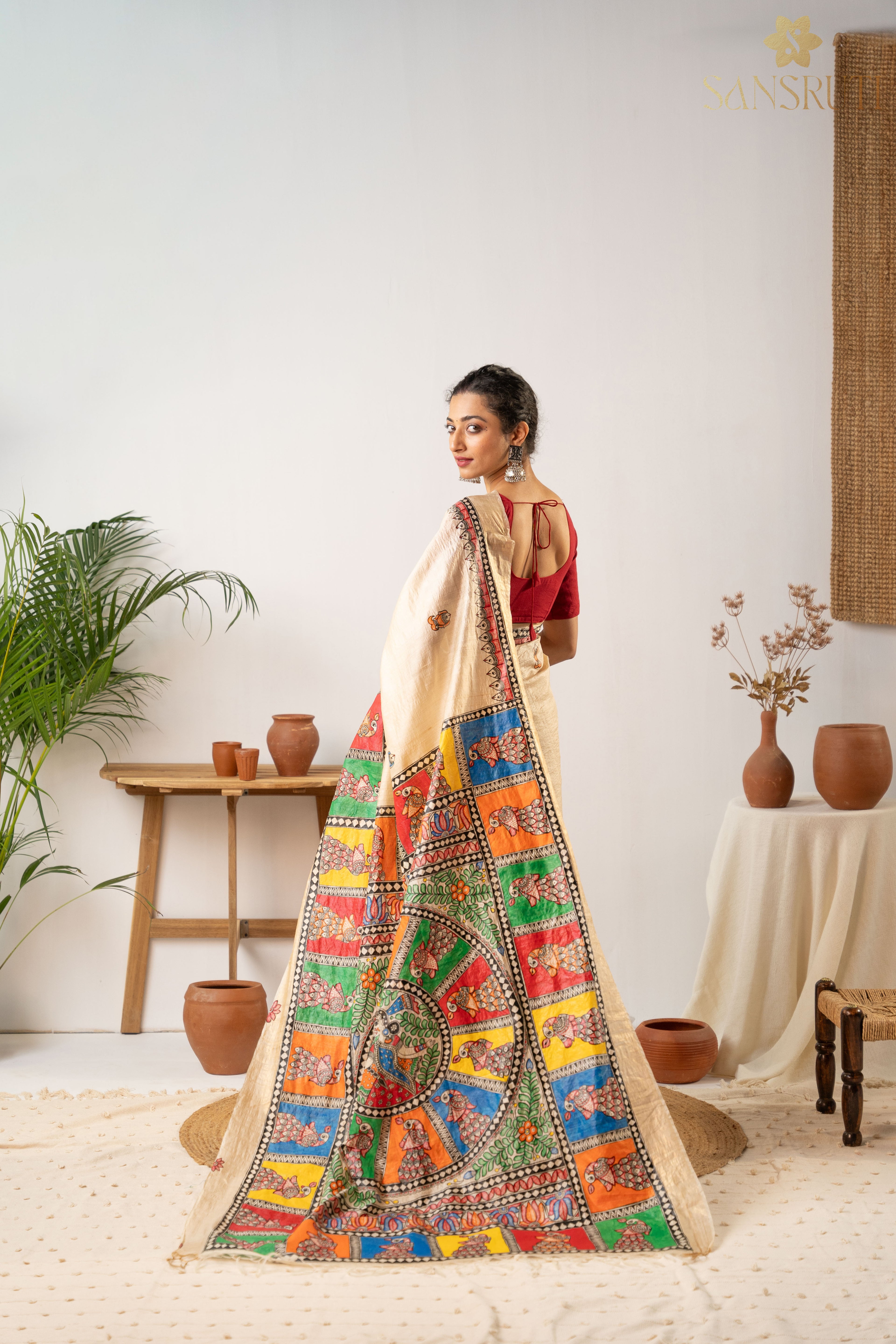 Heritage Beige Silk Madhubani Saree