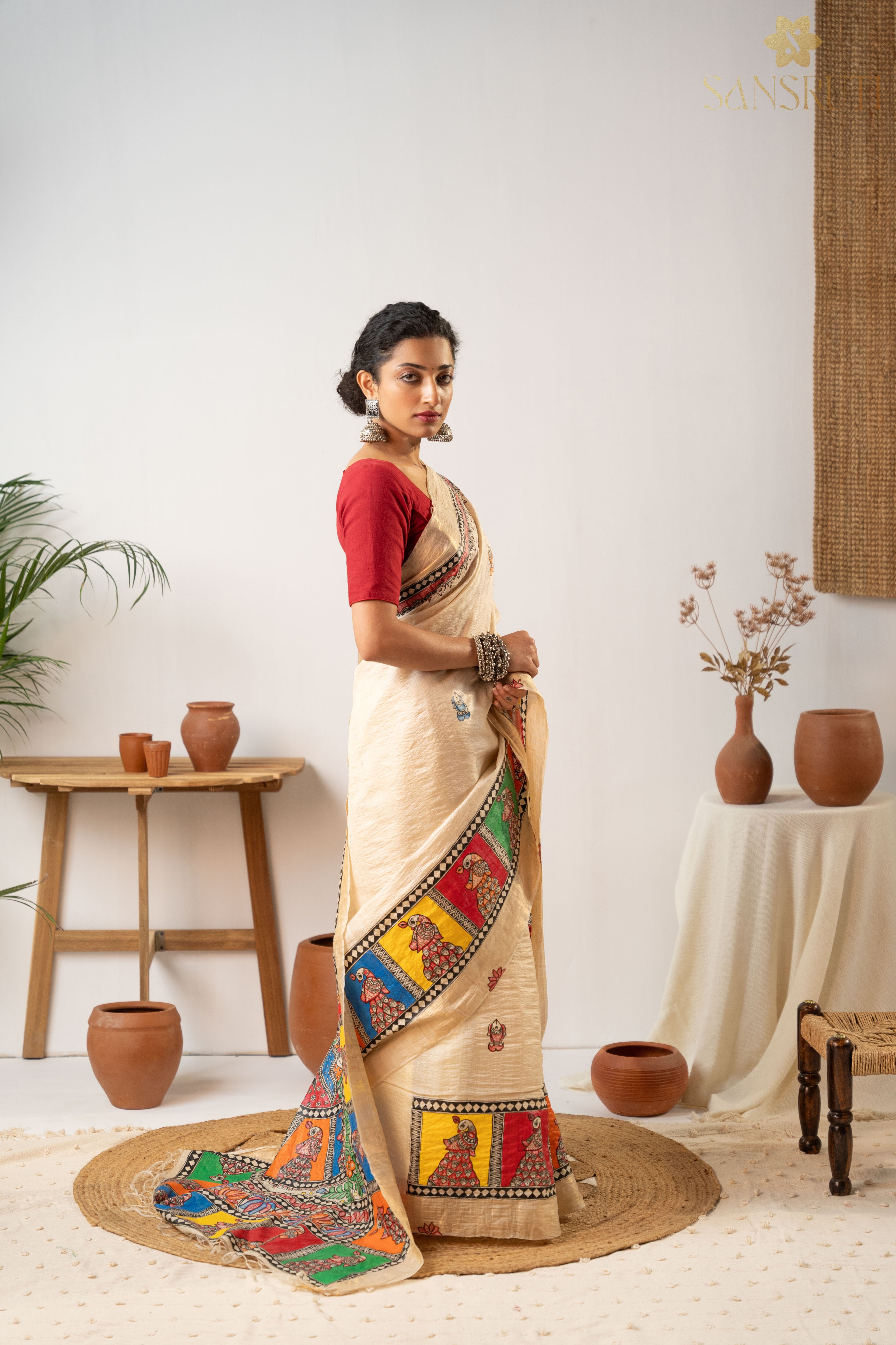 Heritage Beige Silk Madhubani Saree