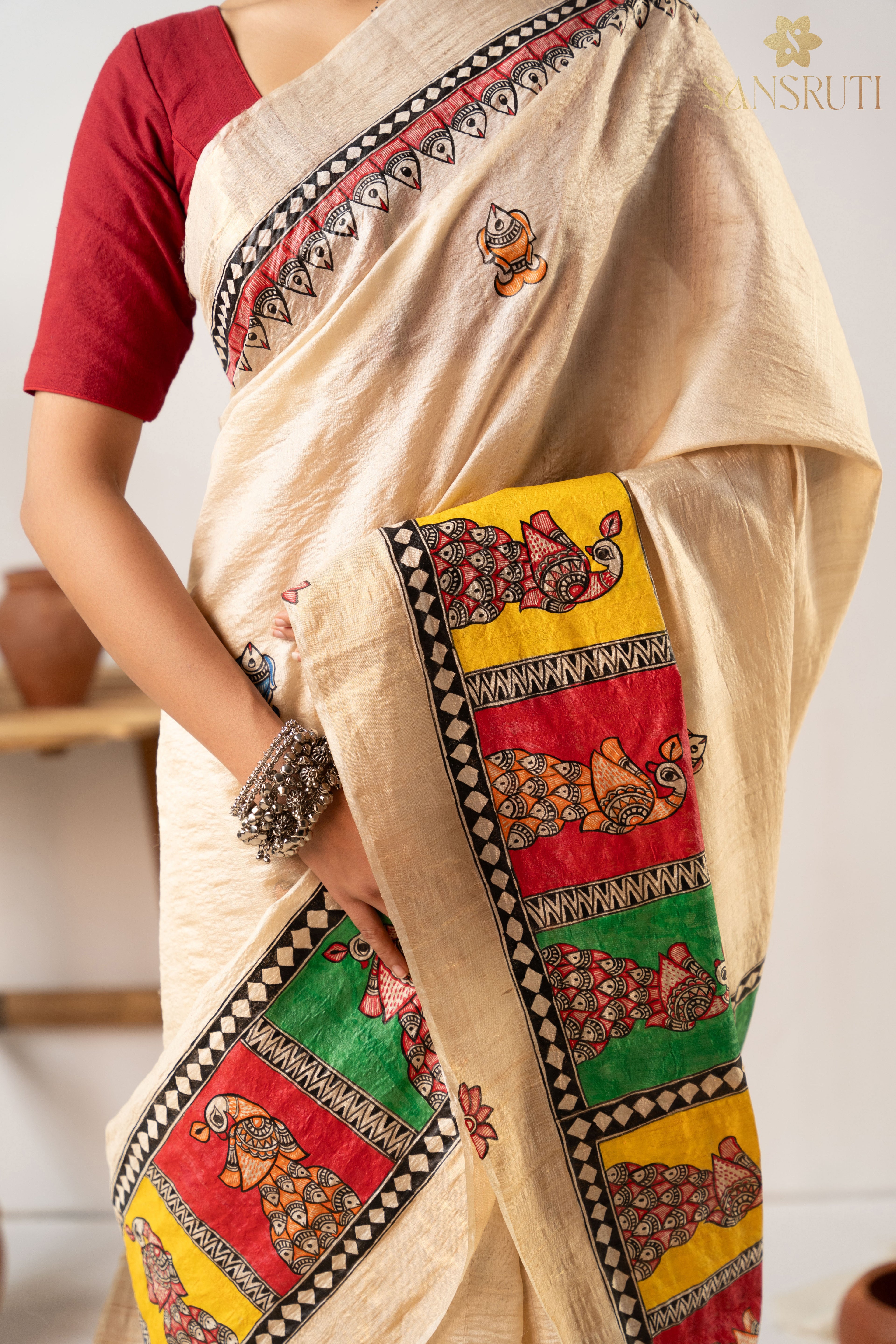 Heritage Beige Silk Madhubani Saree