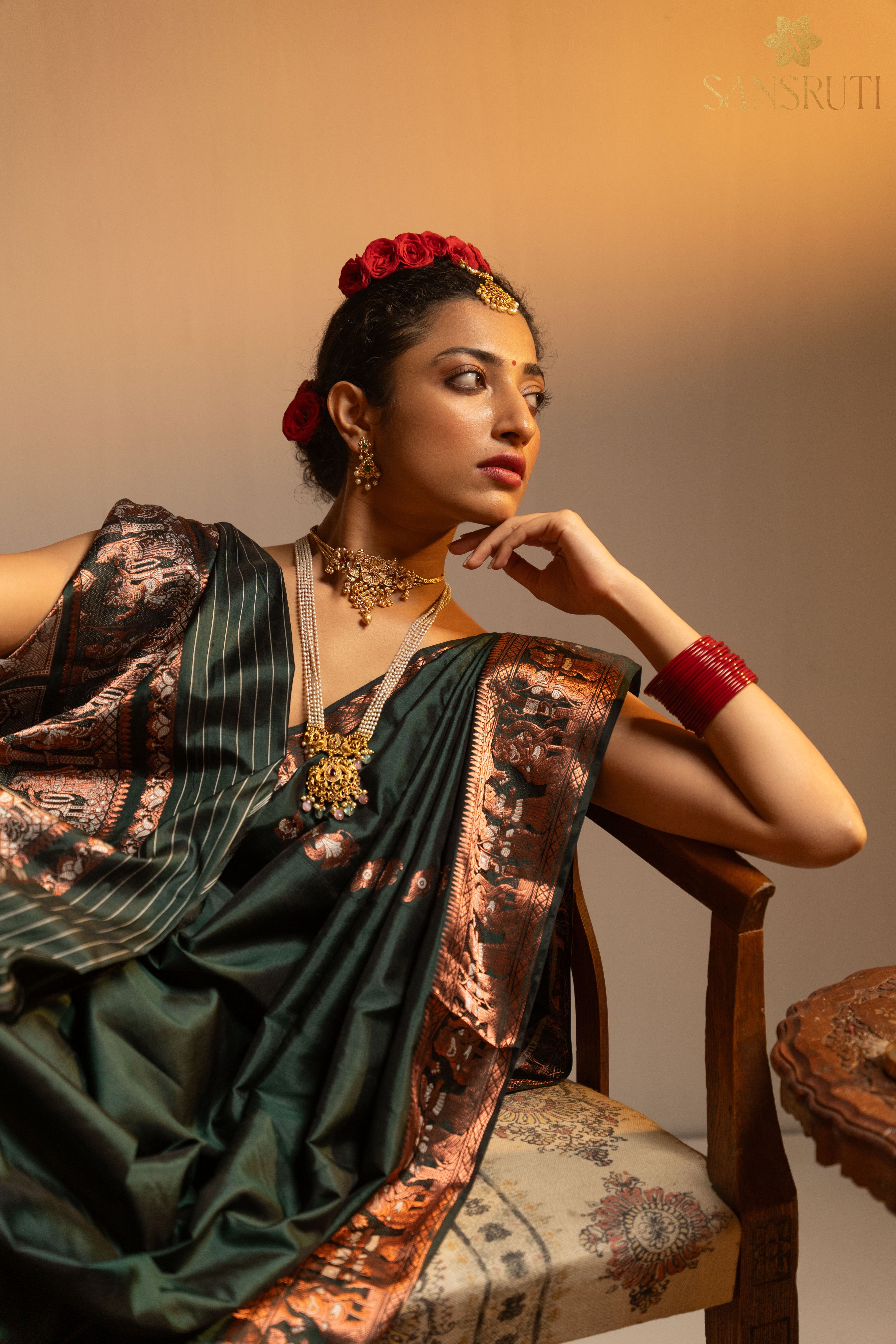 Emerald Swarnachari Mulberry Silk Saree