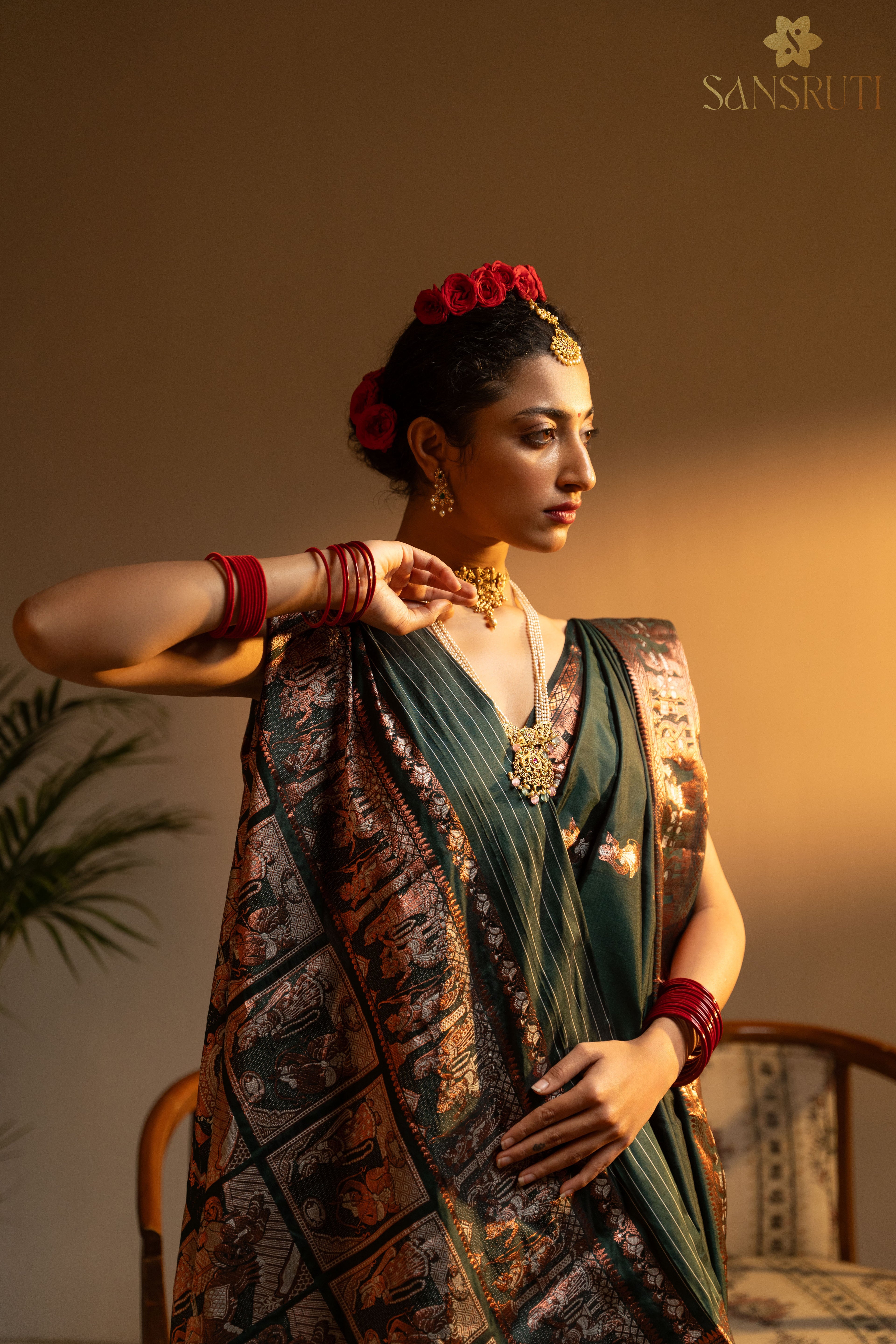 Emerald Swarnachari Mulberry Silk Saree