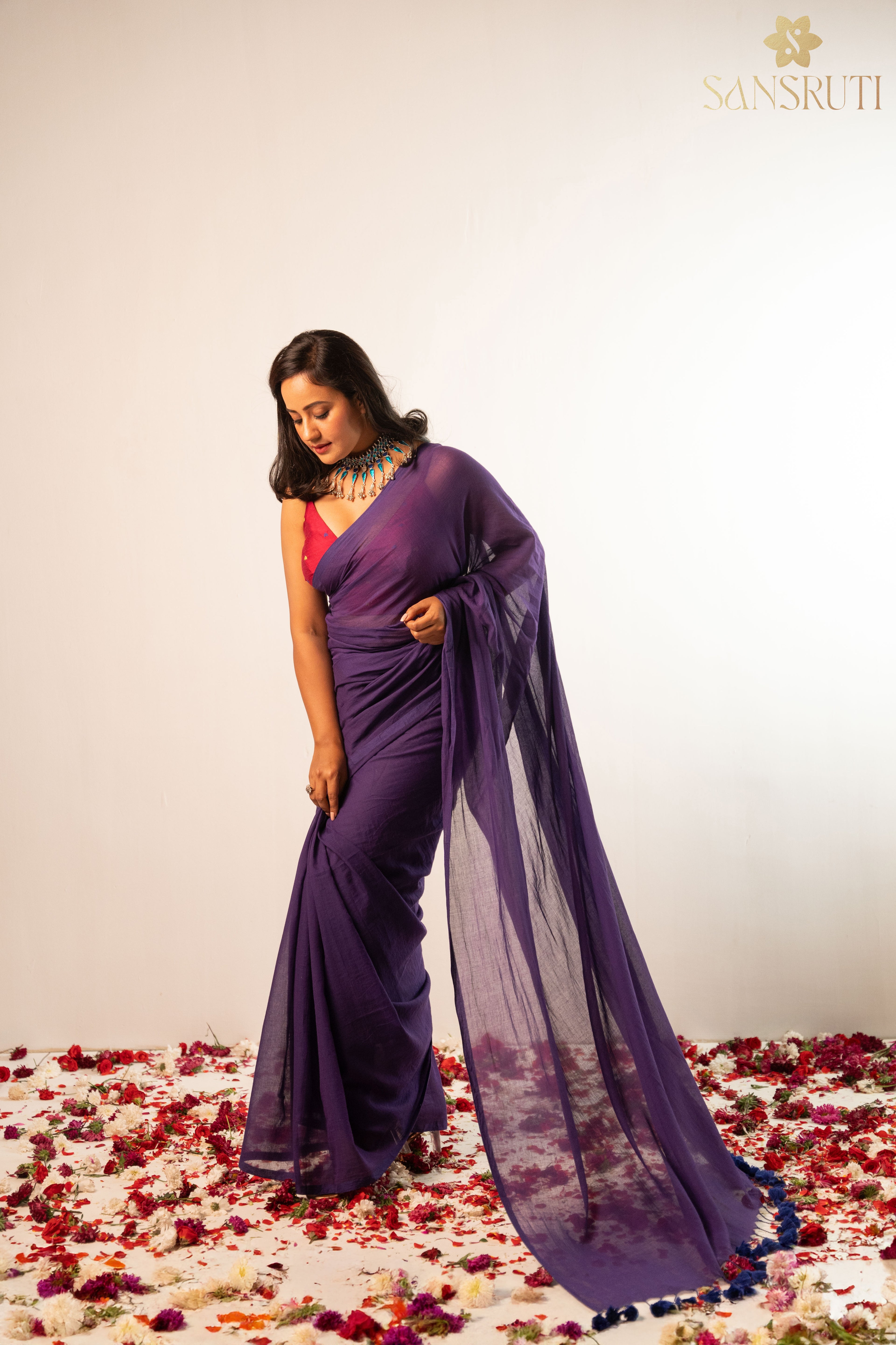 Purple Whisper Plain Mulmul Saree