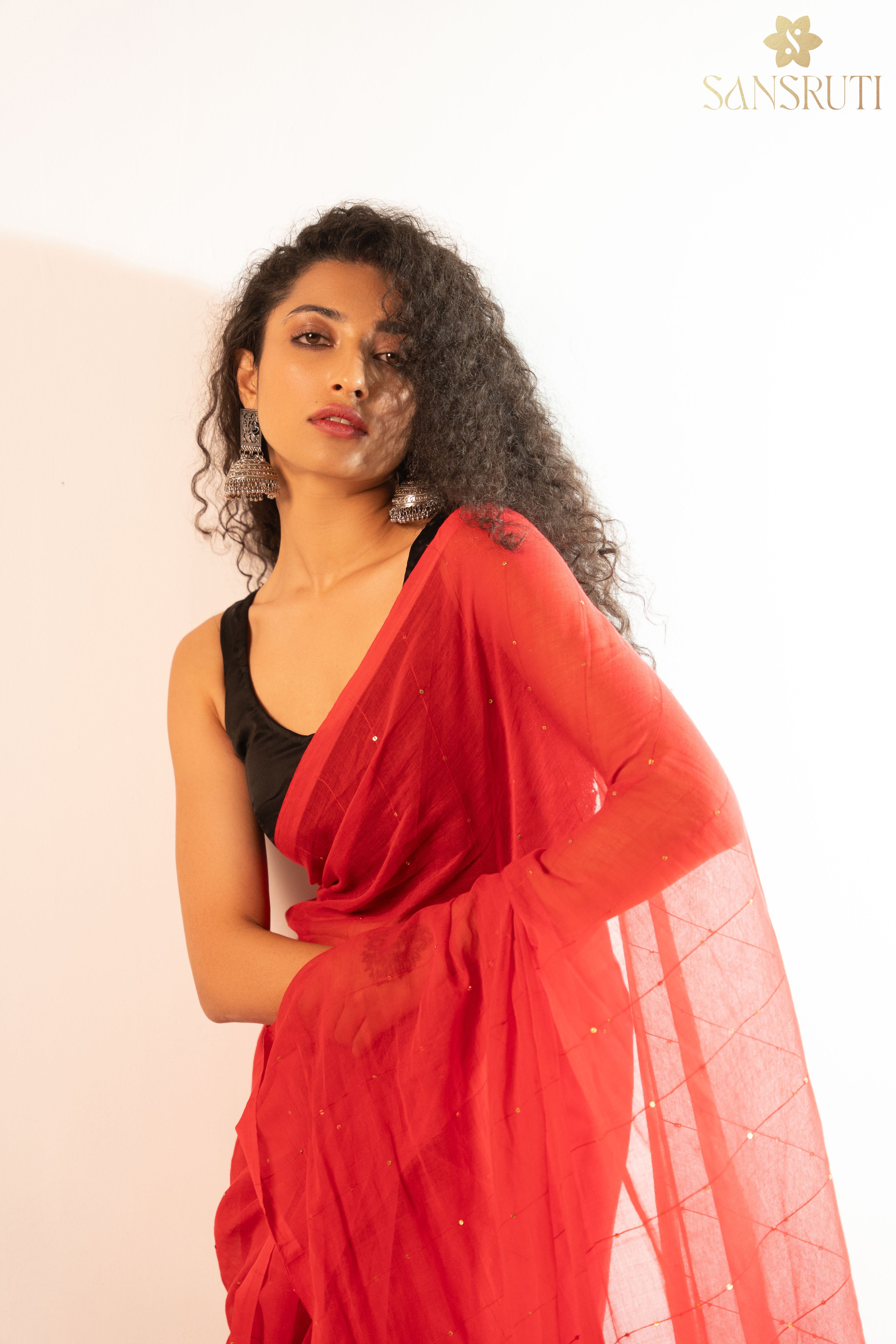 Red Sequins Charm Mulmul Saree