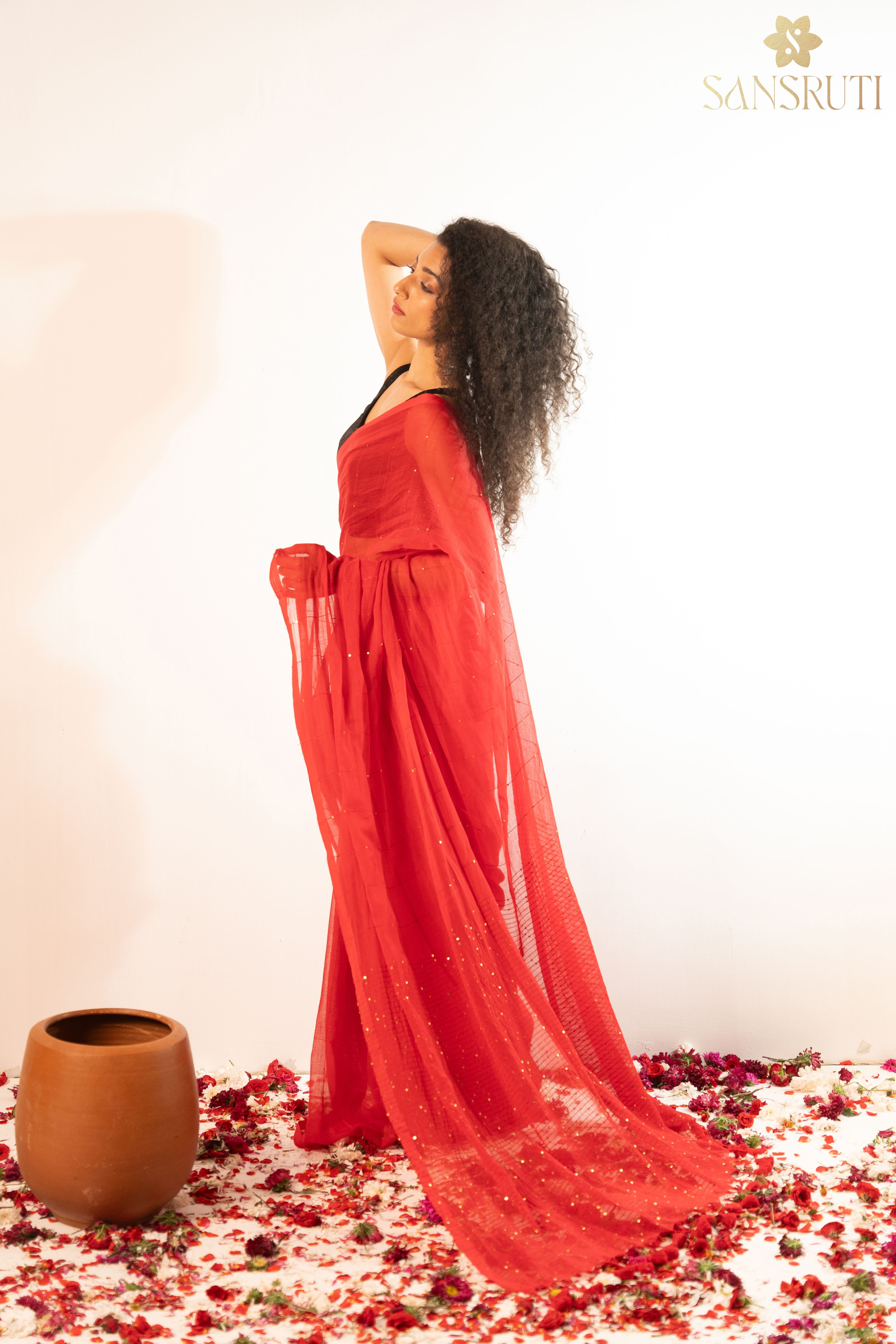 Red Sequins Charm Mulmul Saree