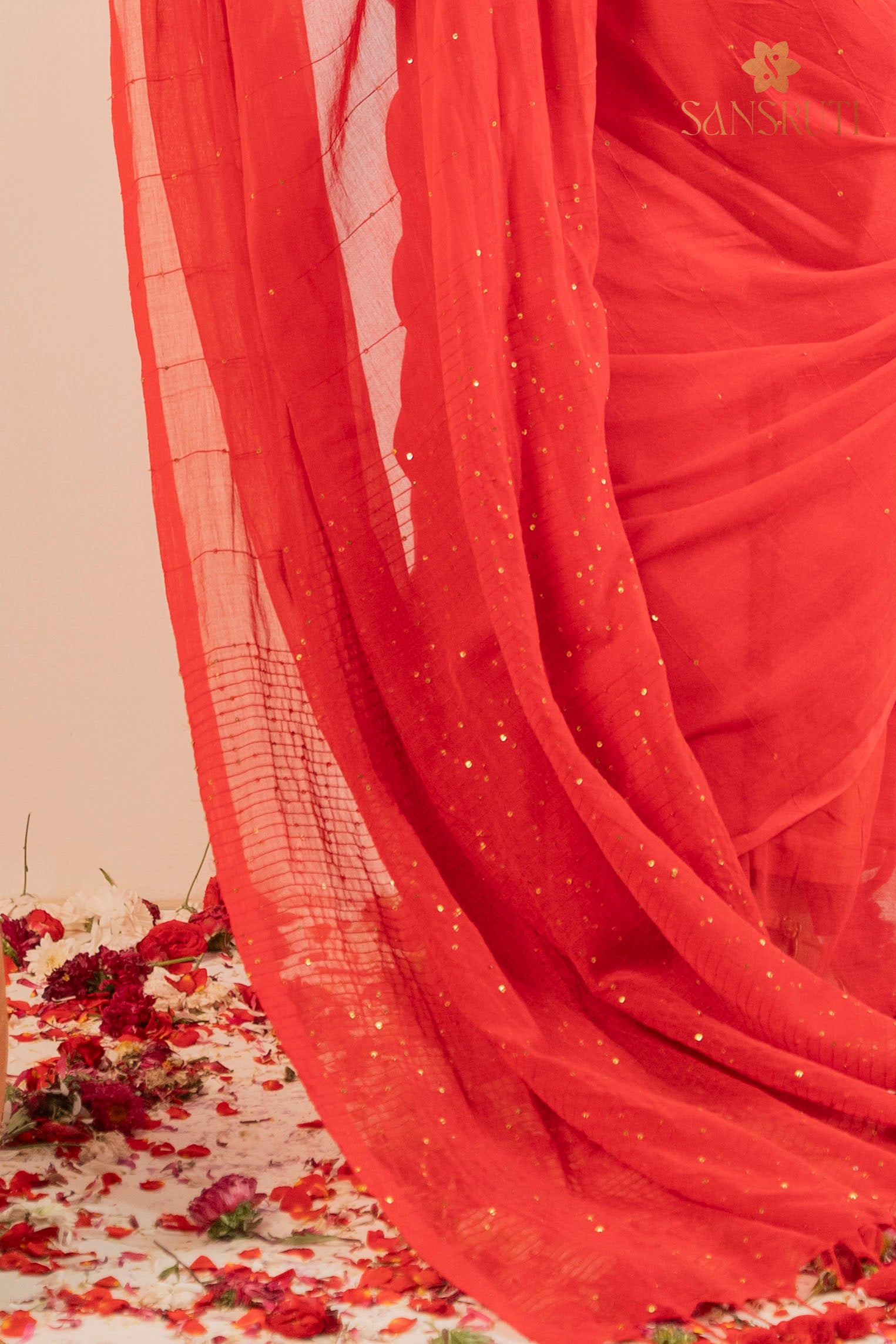 Red Sequins Charm Mulmul Saree