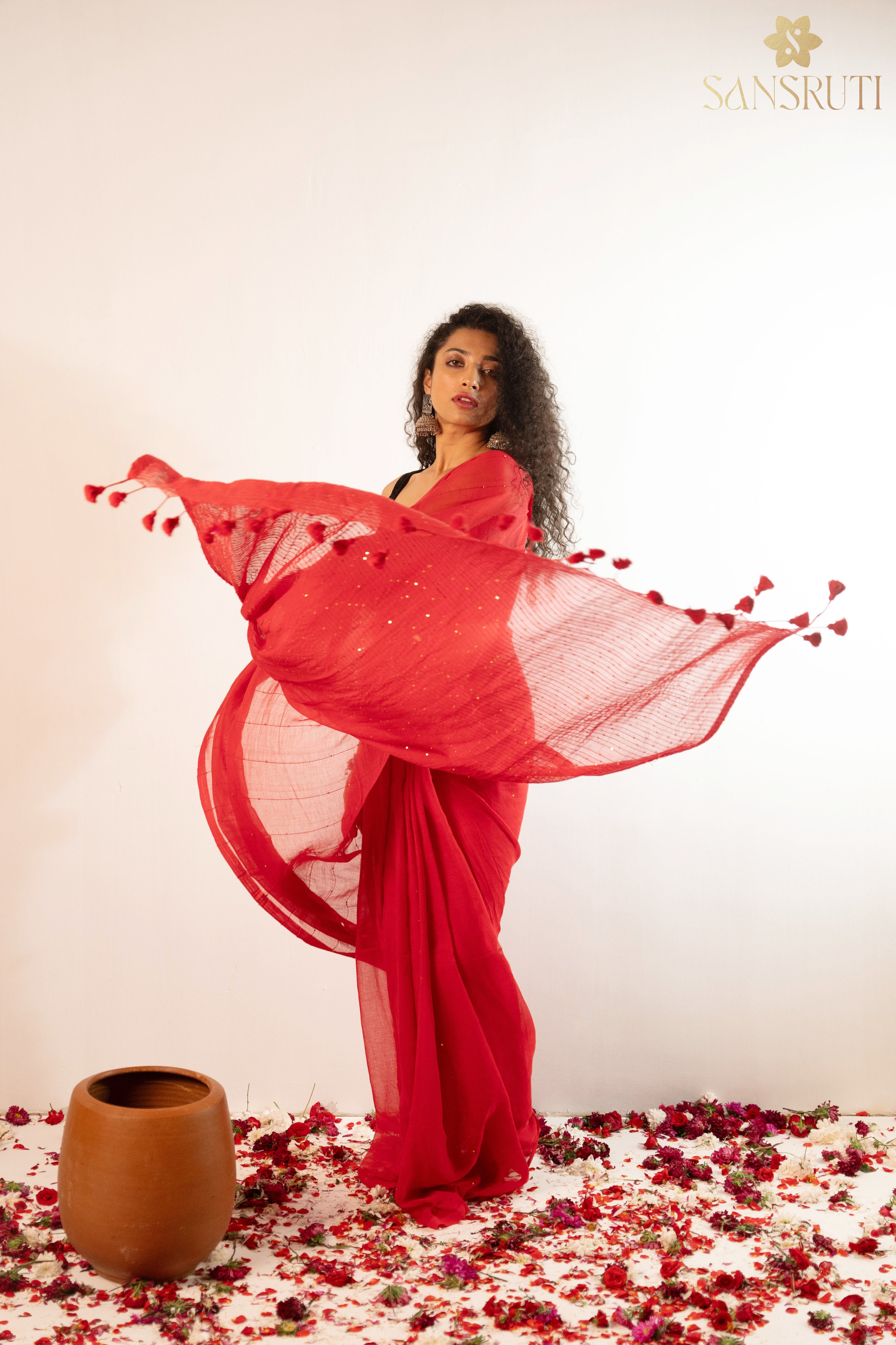 Red Sequins Charm Mulmul Saree