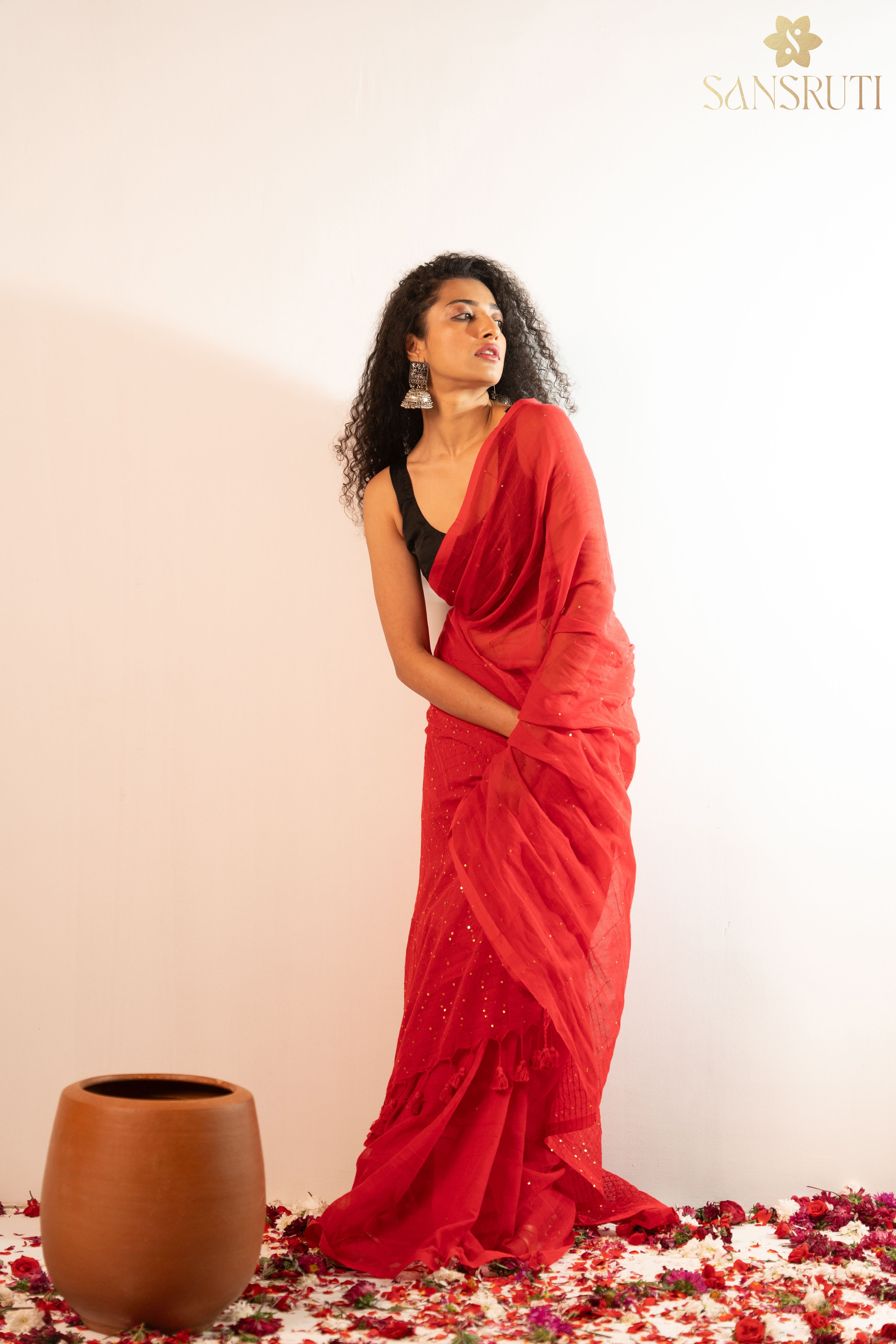 Red Sequins Charm Mulmul Saree