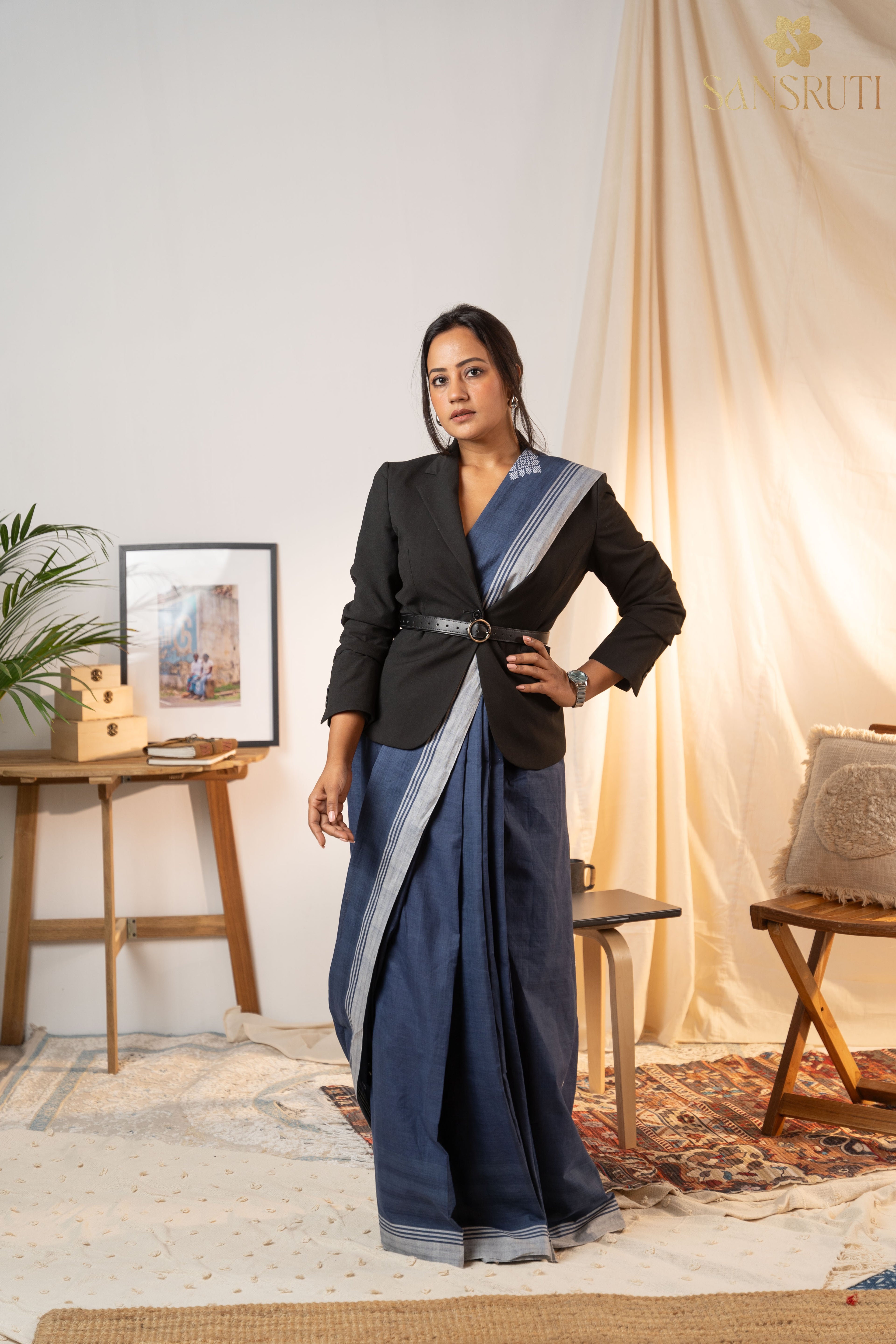 Midnight Elegance Bawan Buti Cotton Saree