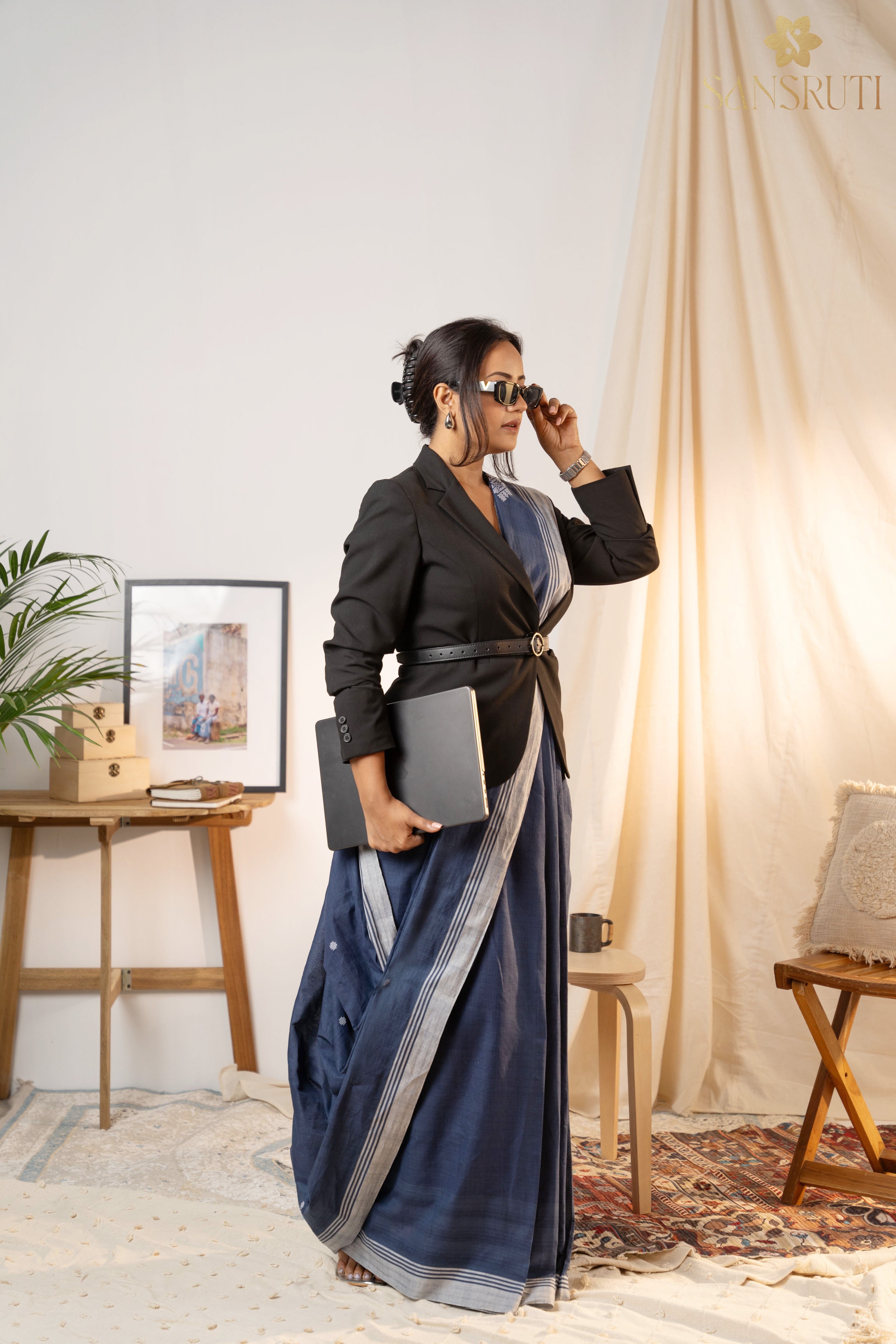 Midnight Elegance Bawan Buti Cotton Saree