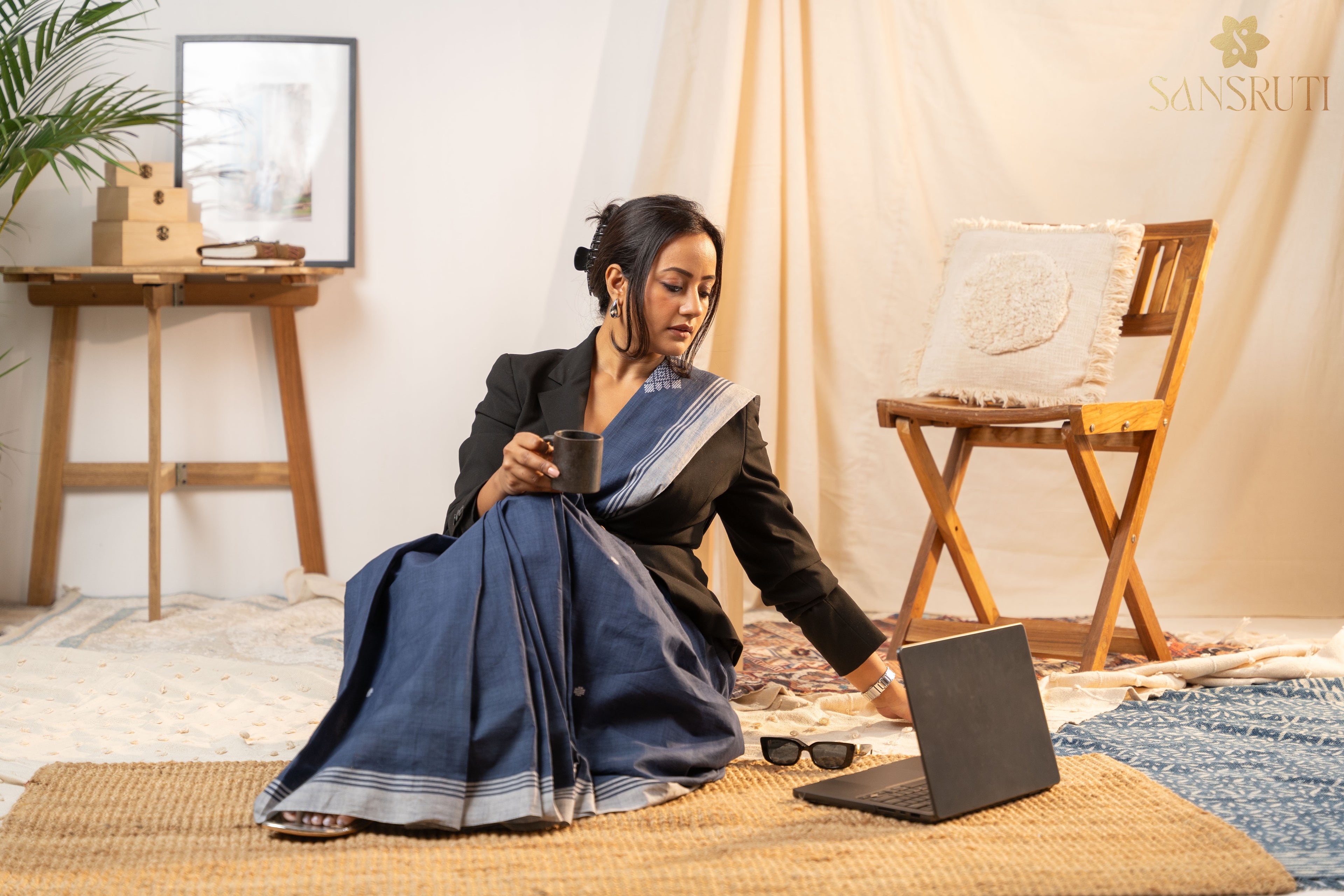 Midnight Elegance Bawan Buti Cotton Saree