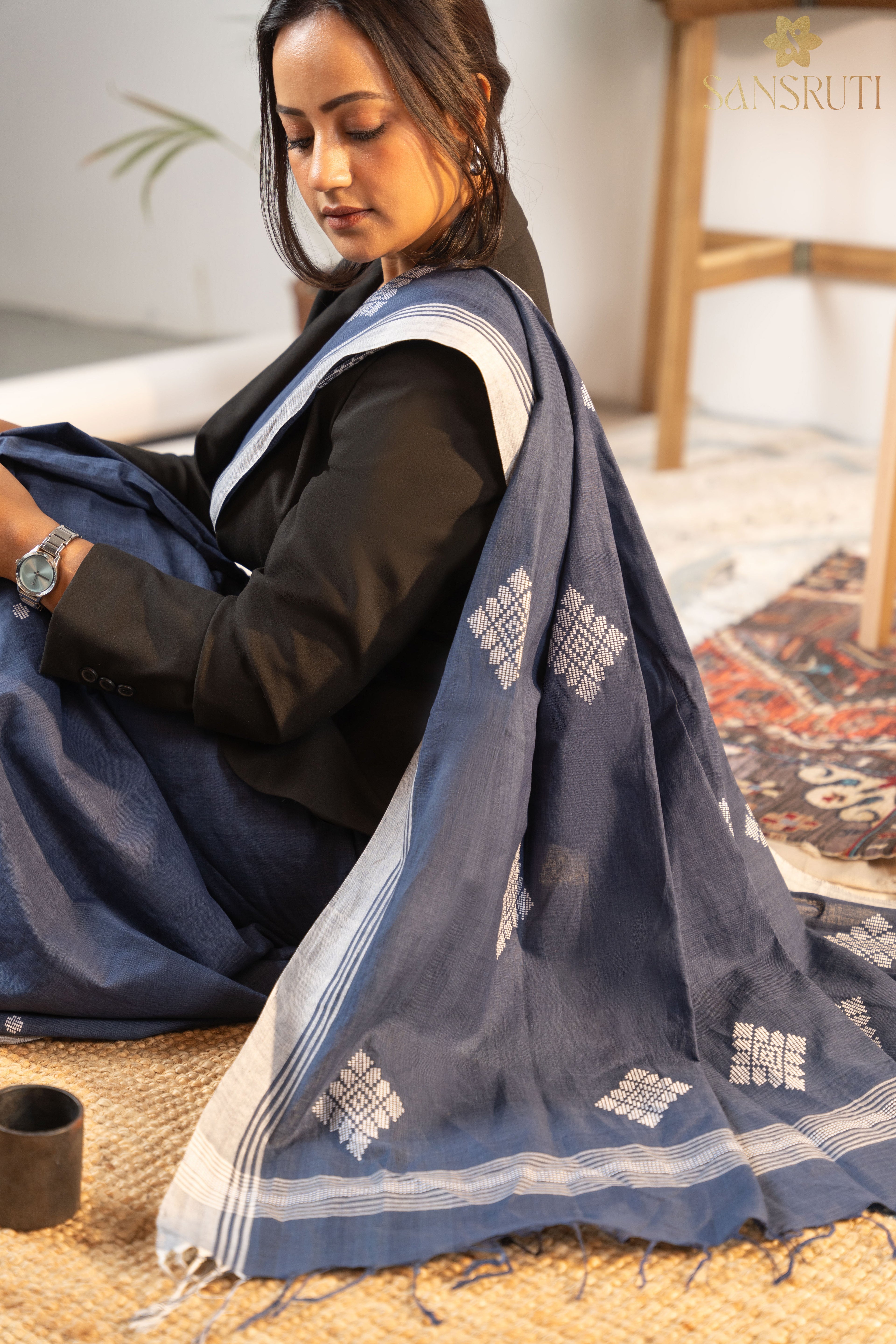 Midnight Elegance Bawan Buti Cotton Saree