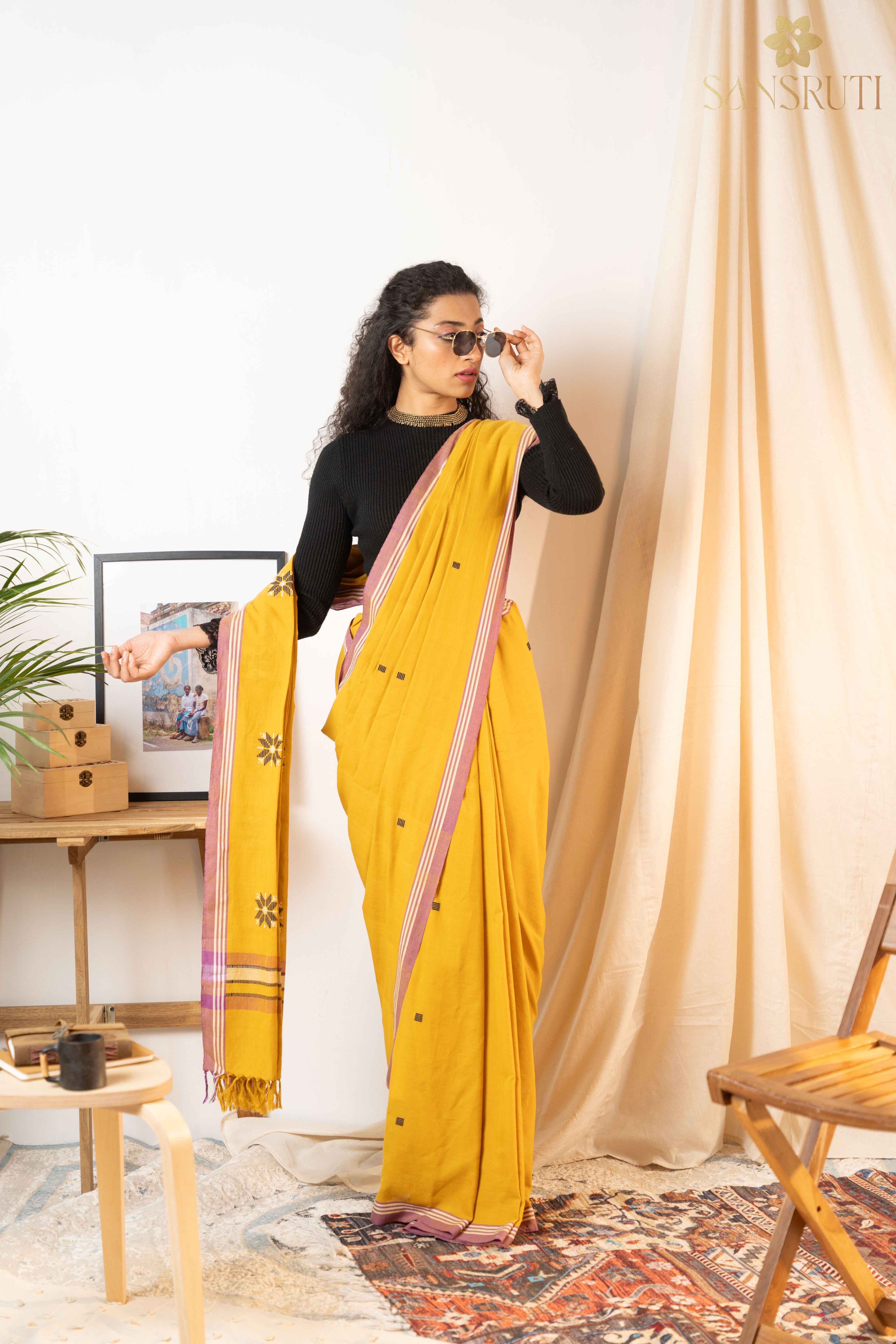 Mustard Radiance Bawan Buti Cotton Saree