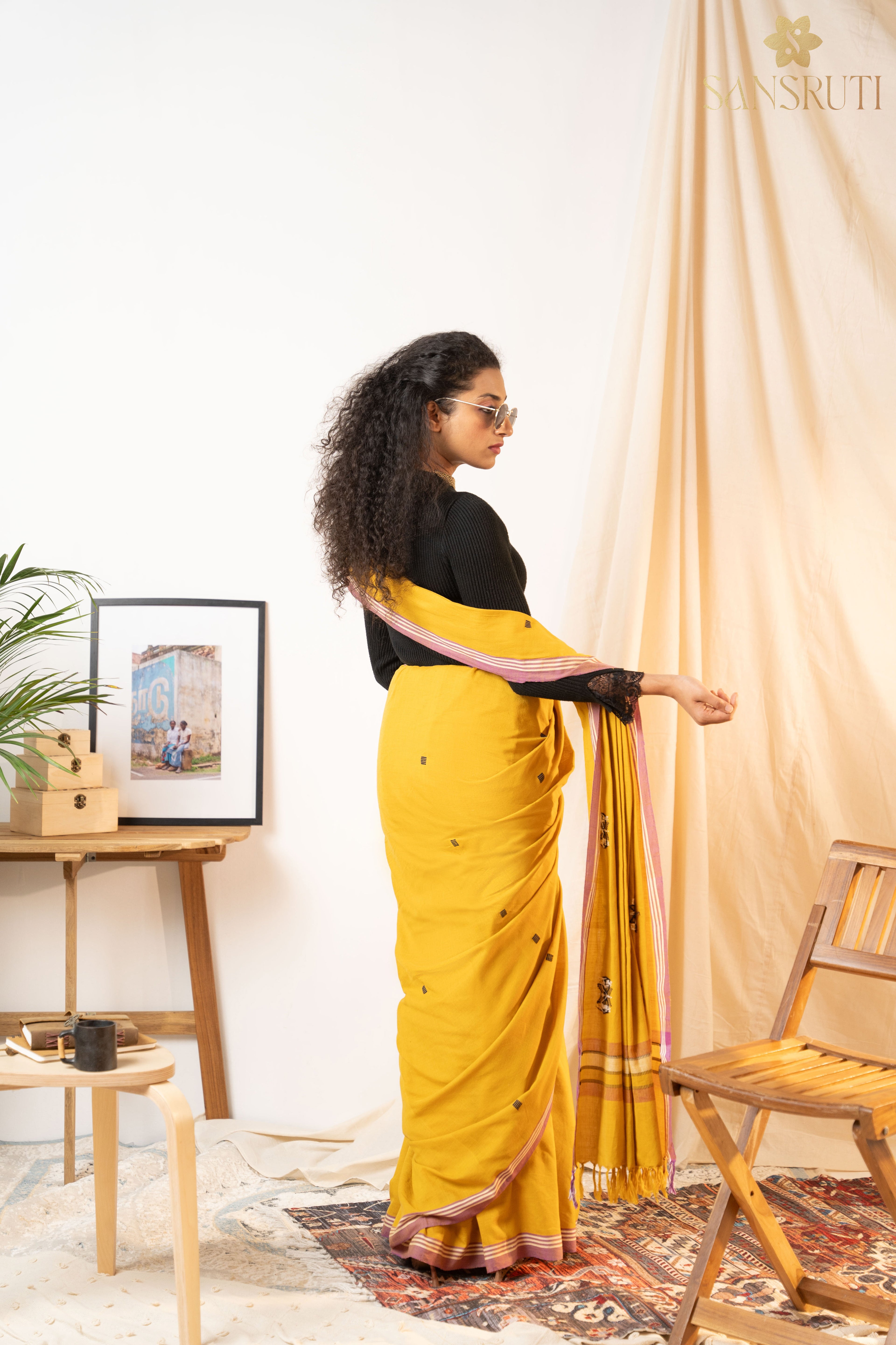 Mustard Radiance Bawan Buti Cotton Saree