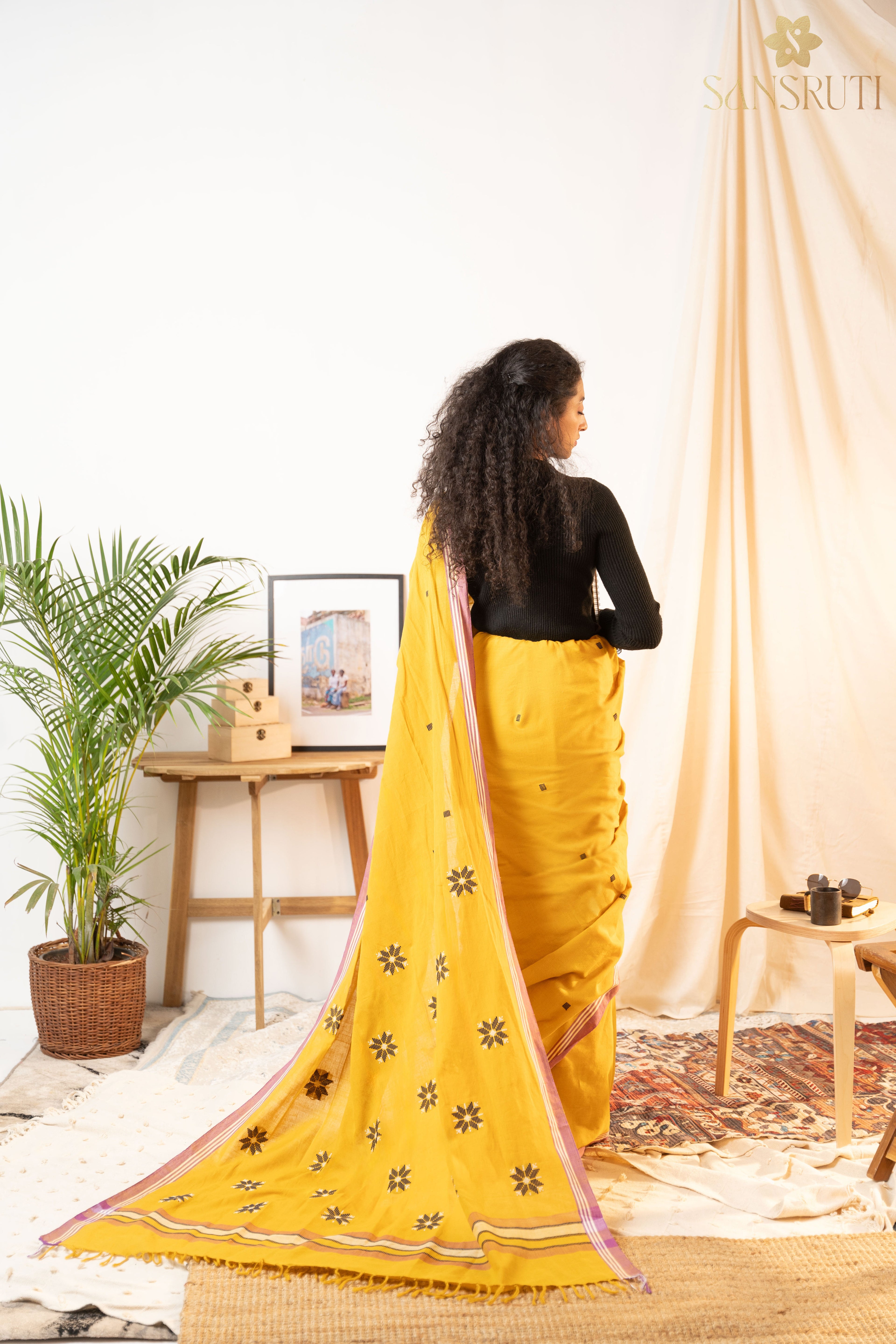 Mustard Radiance Bawan Buti Cotton Saree