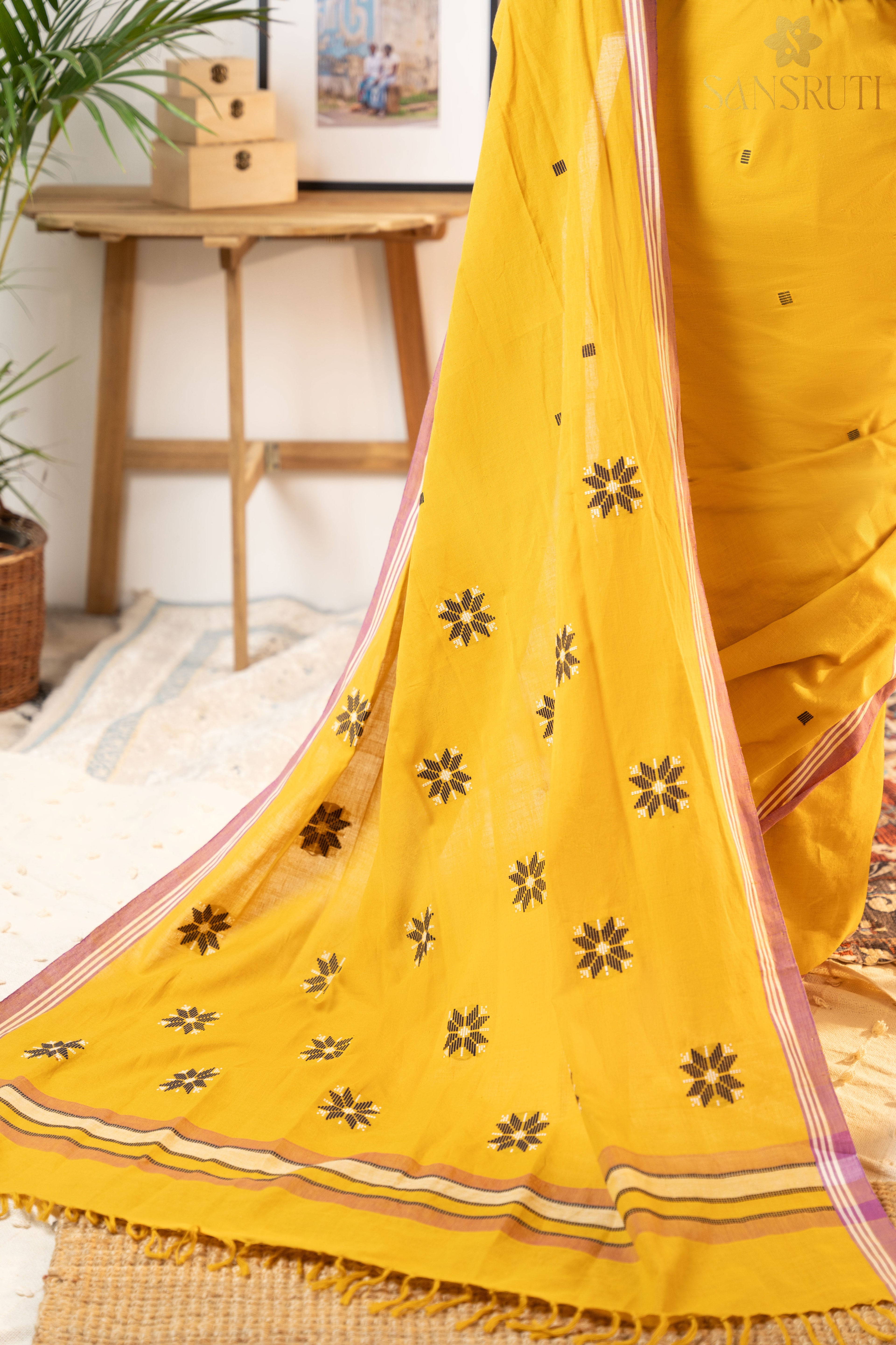 Mustard Radiance Bawan Buti Cotton Saree