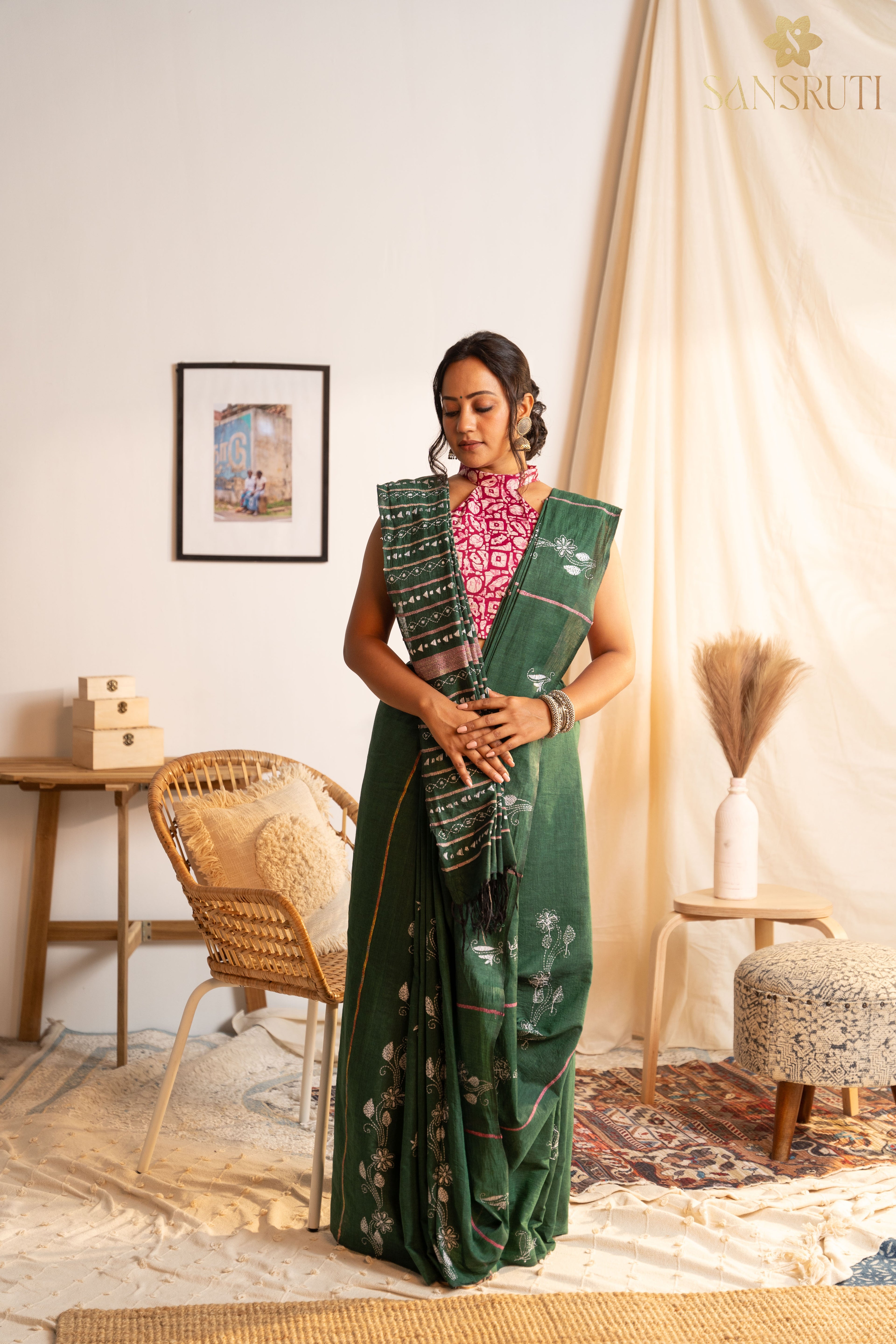 Forest green Kantha Saree