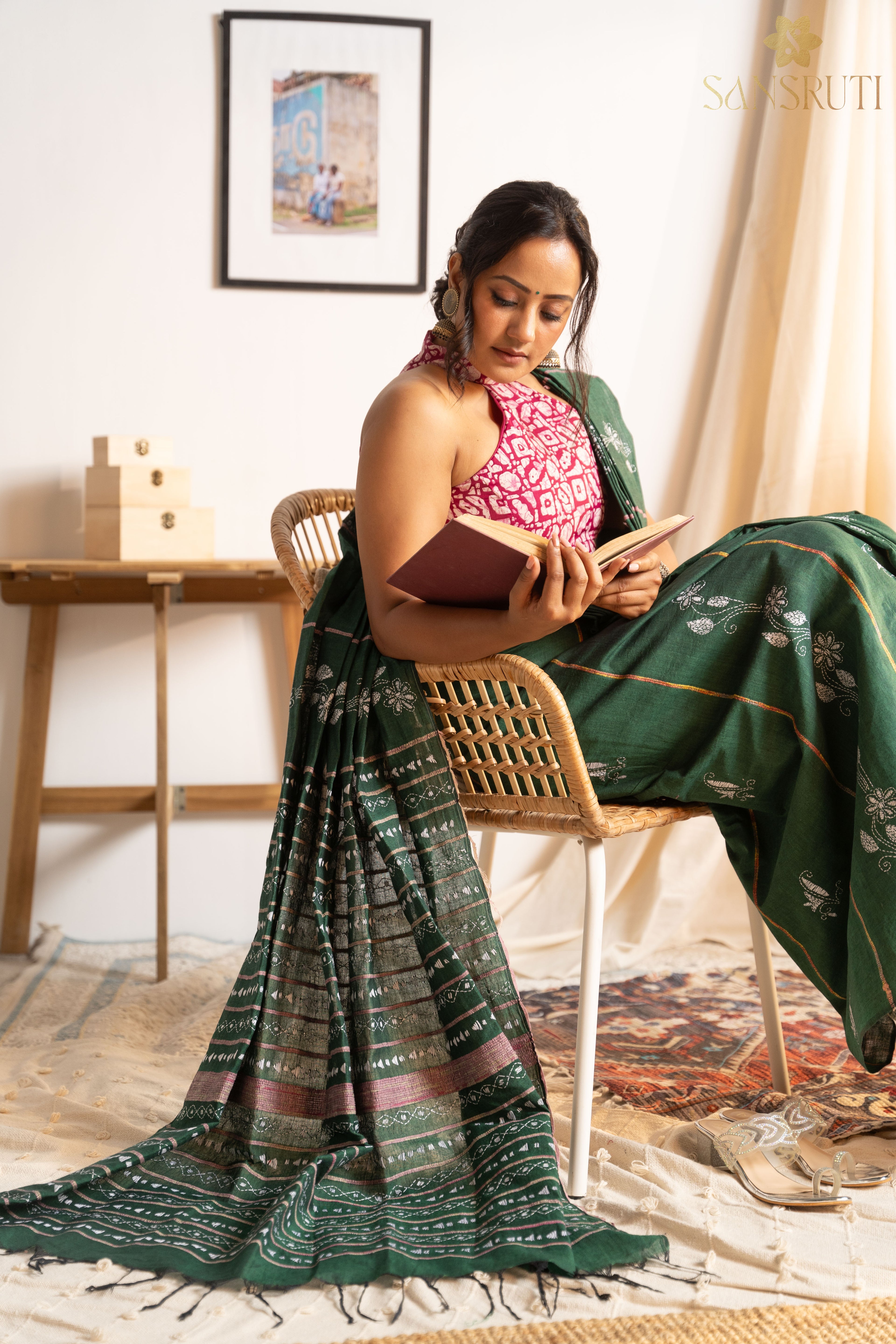 Forest green Kantha Saree