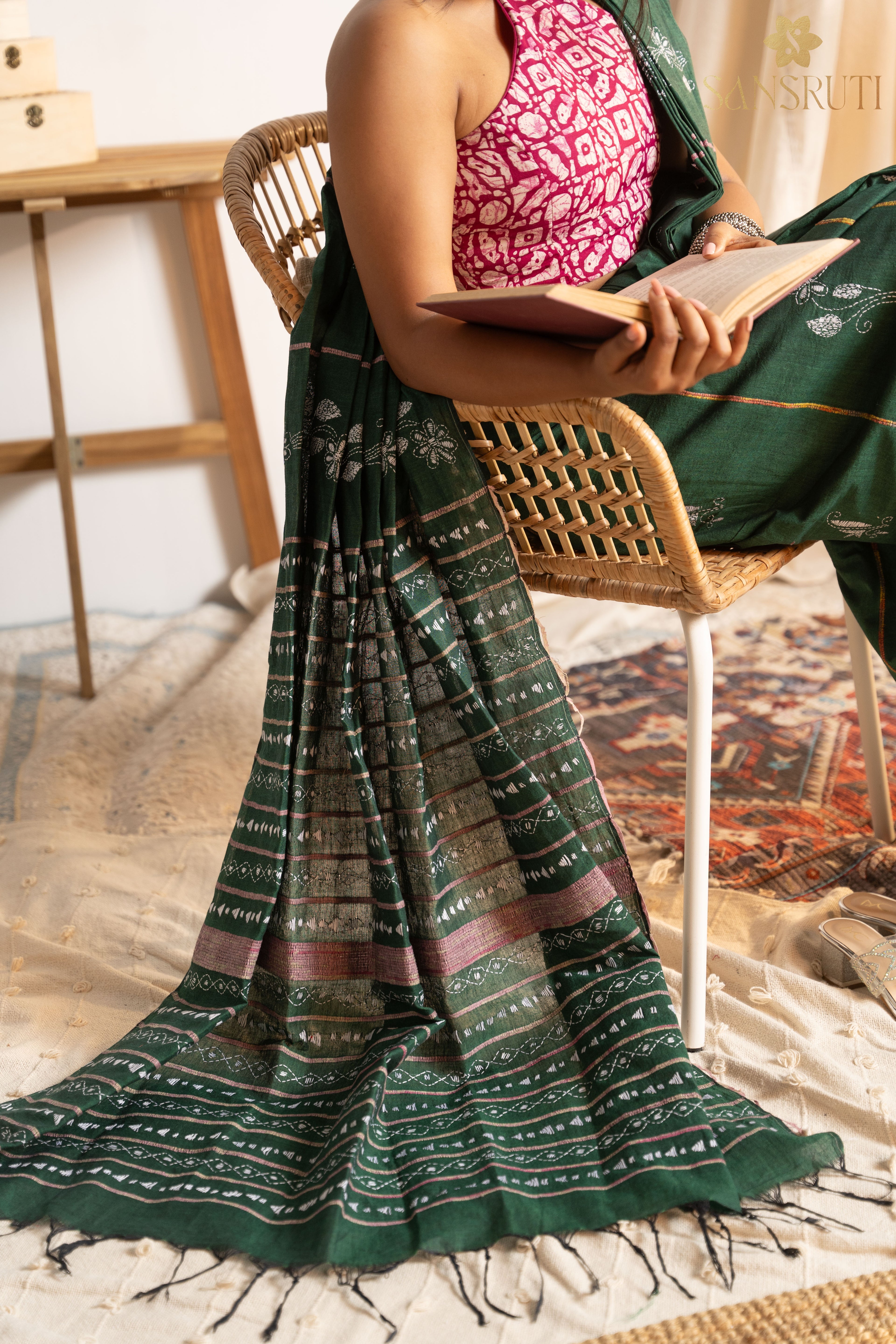 Forest green Kantha Saree