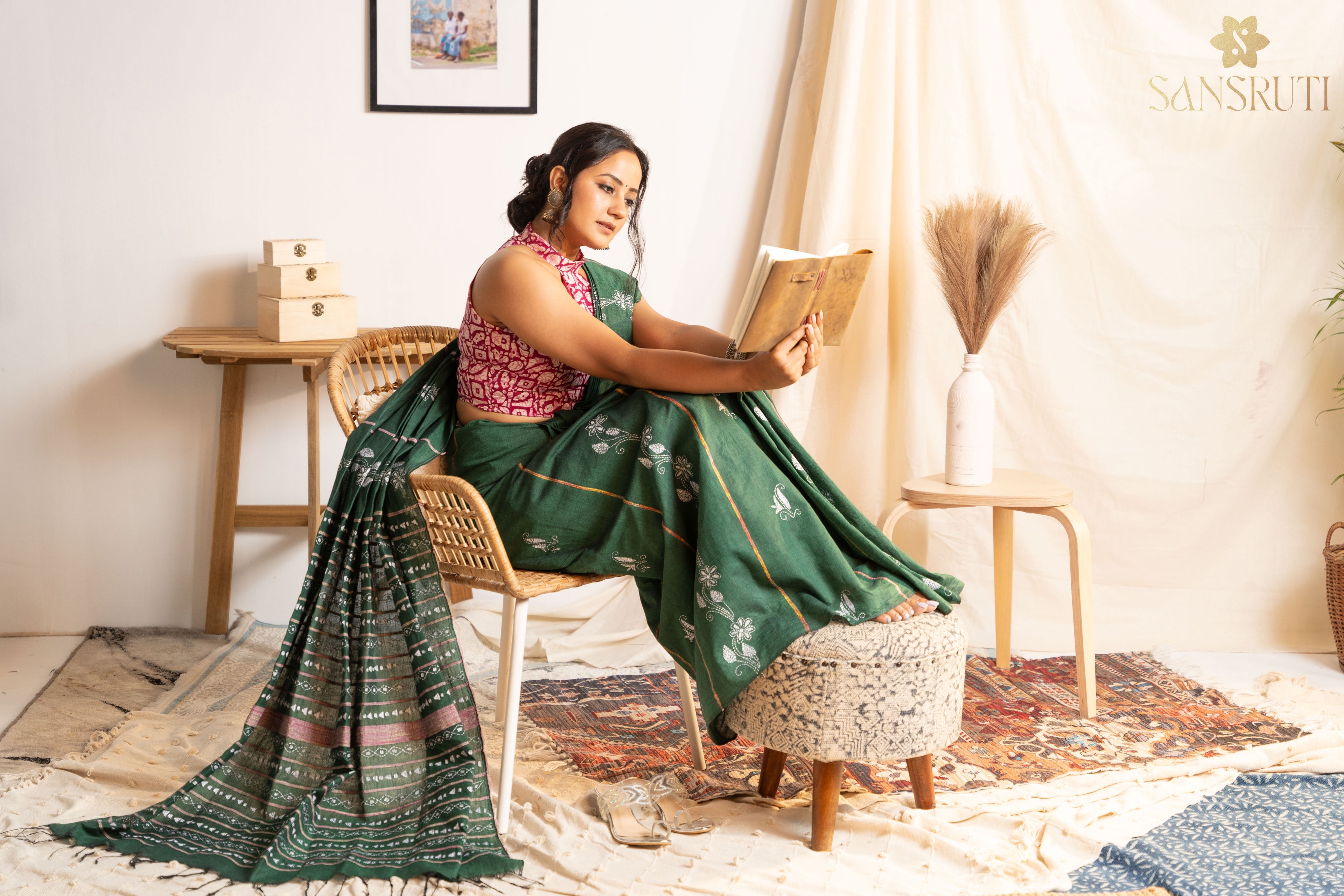 Forest green Kantha Saree