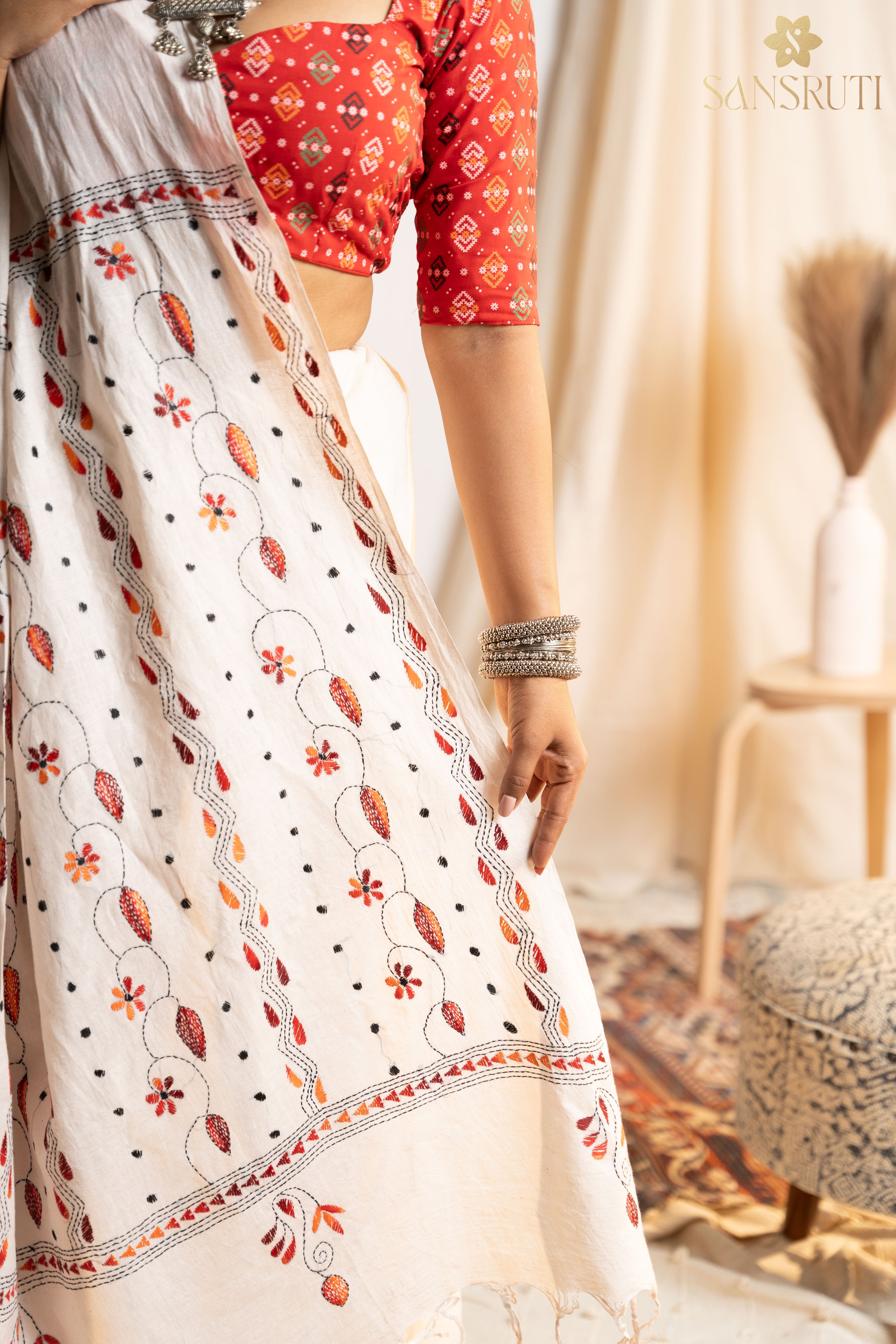 Butterfly Dreams Kantha White Saree