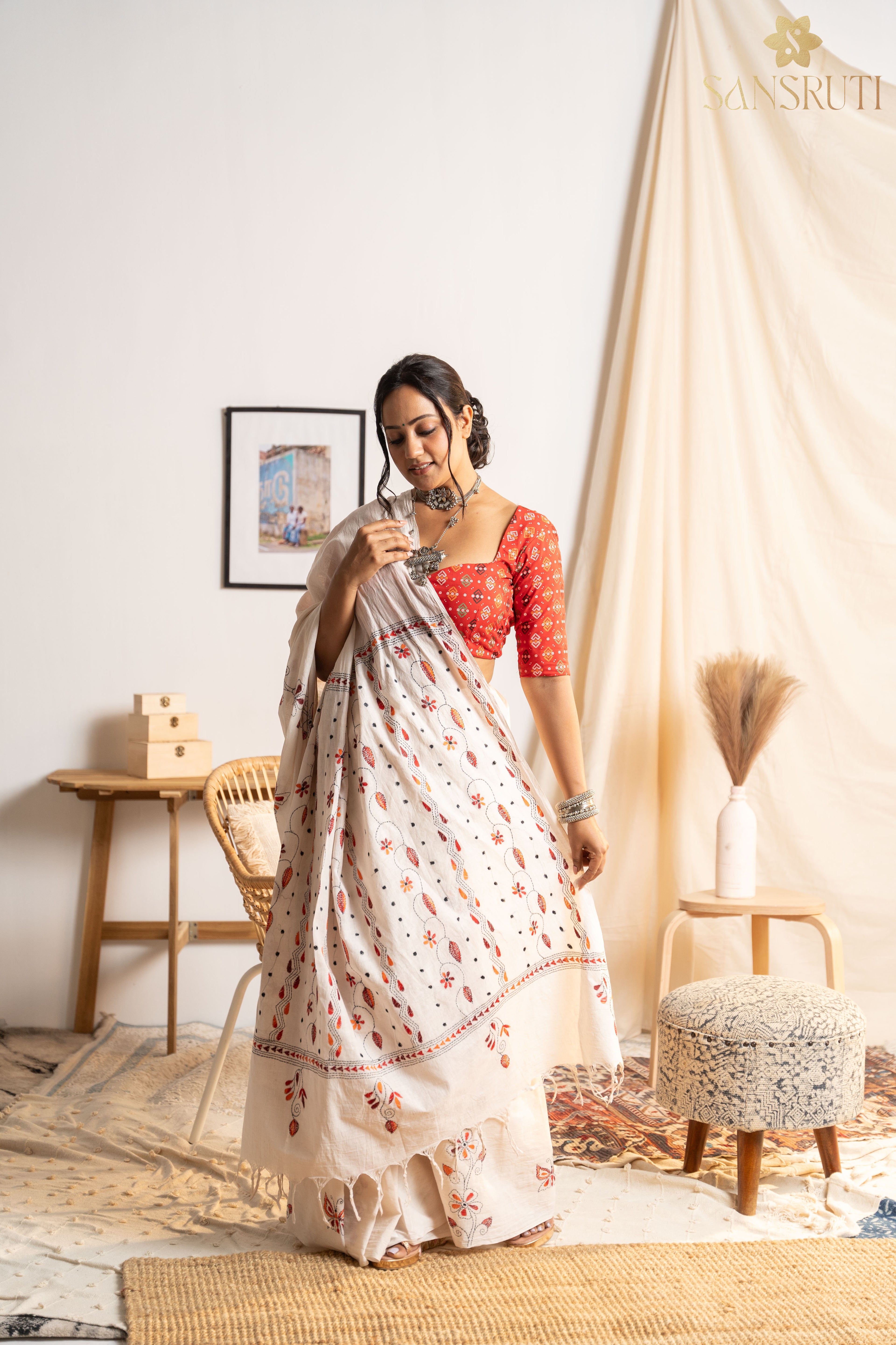 Butterfly Dreams Kantha White Saree