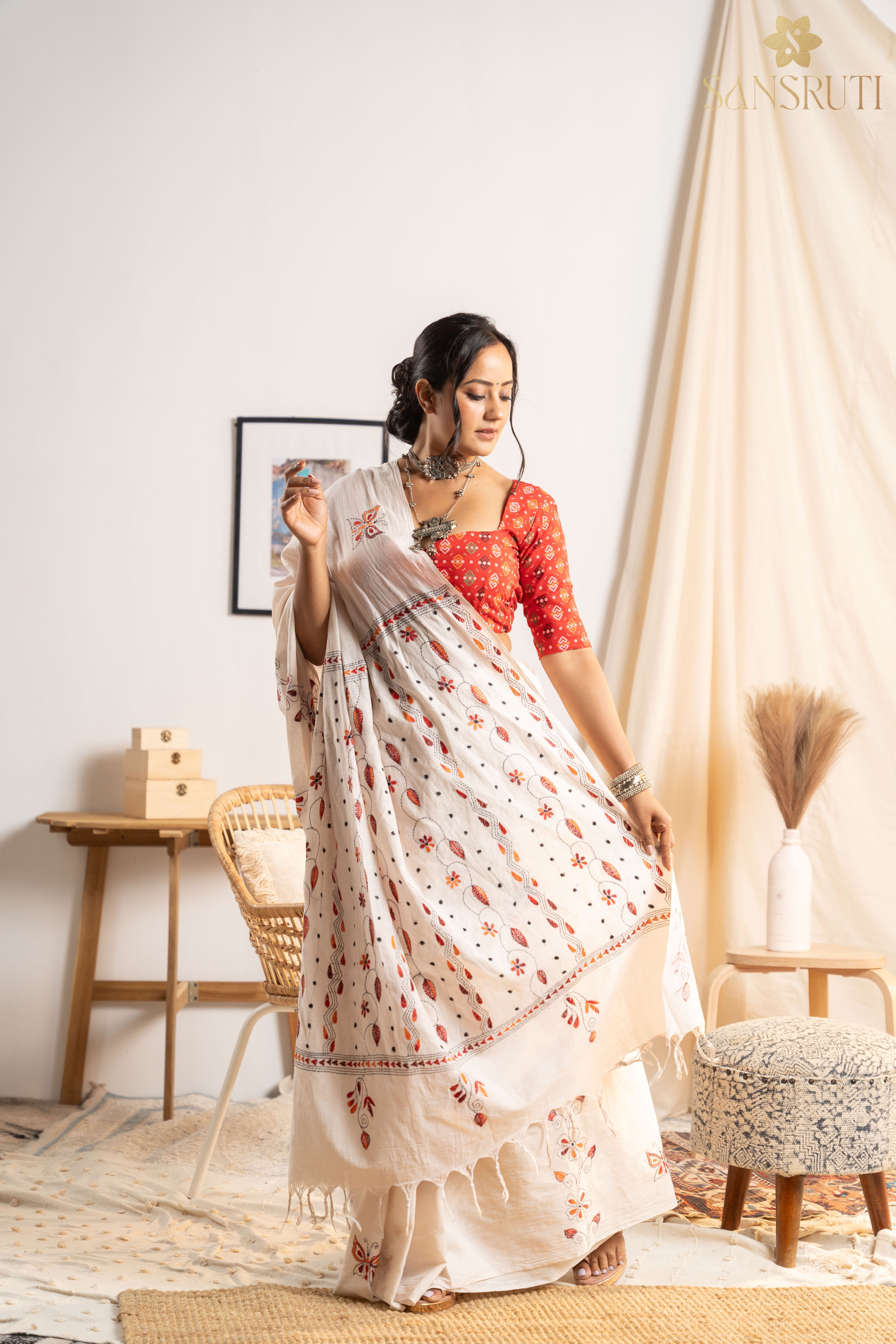 Butterfly Dreams Kantha White Saree