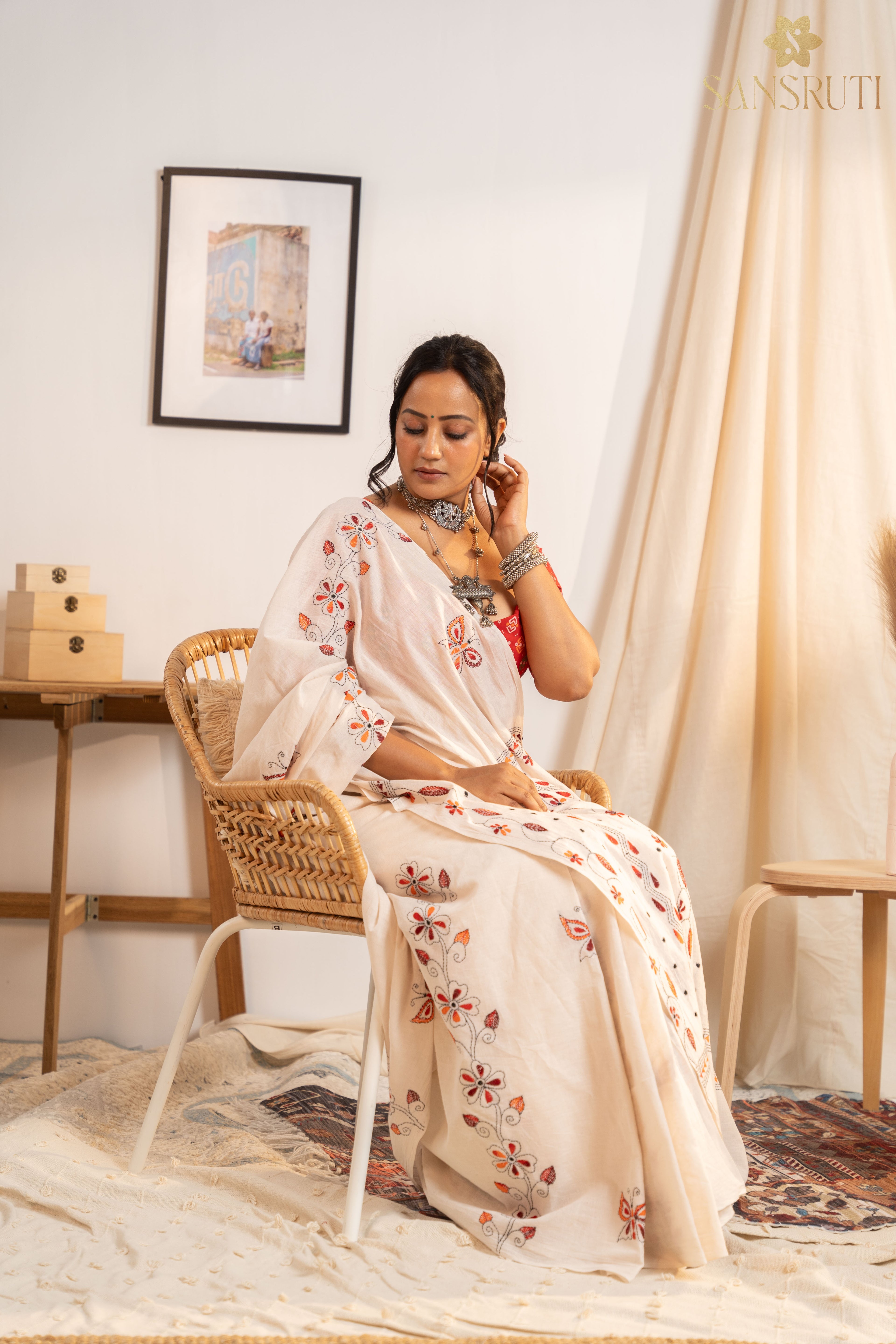Butterfly Dreams Kantha White Saree