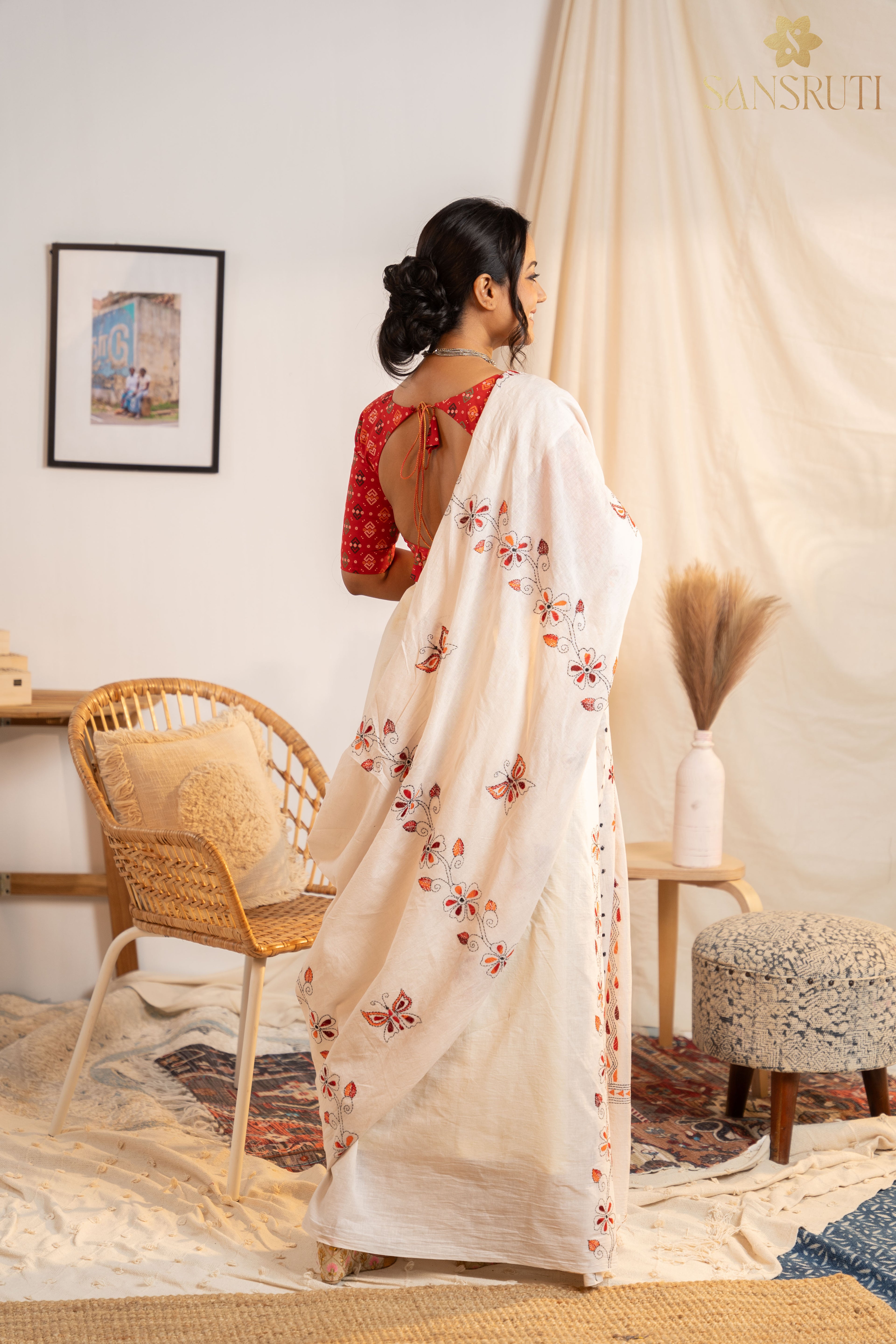 Butterfly Dreams Kantha White Saree