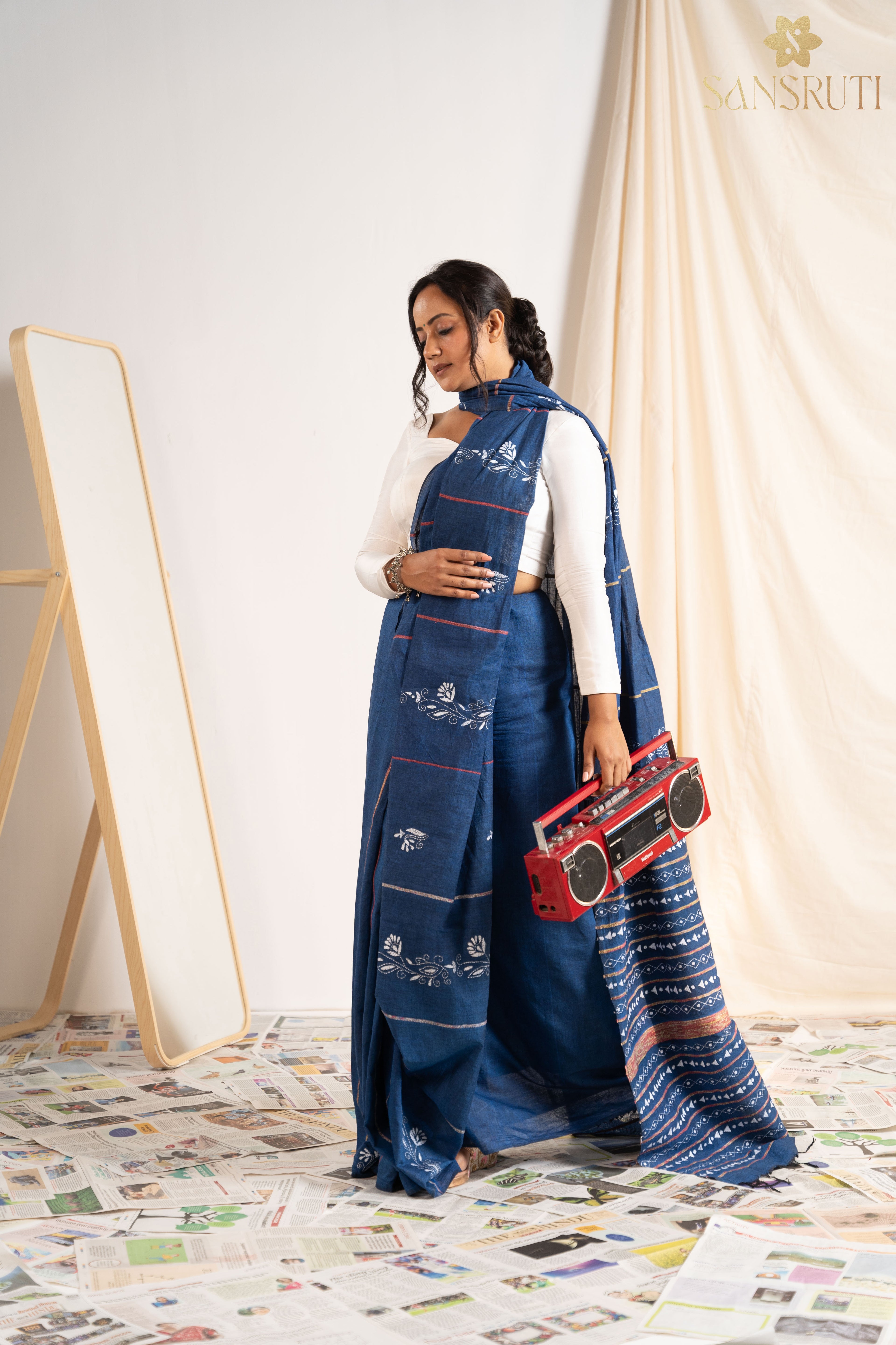 Ocean Breeze Blue & White Kantha Saree
