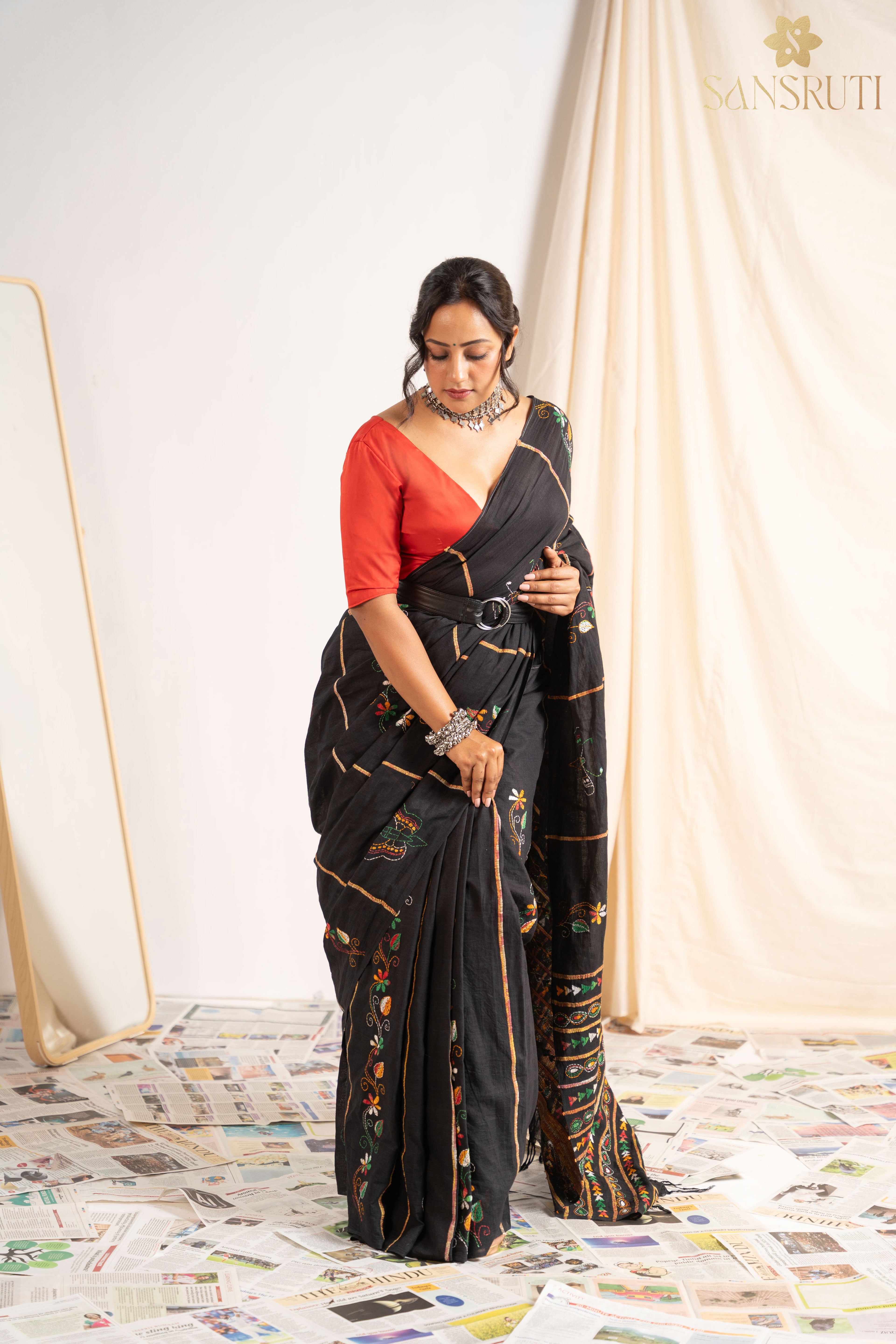 Midnight Bloom Kantha Black Saree