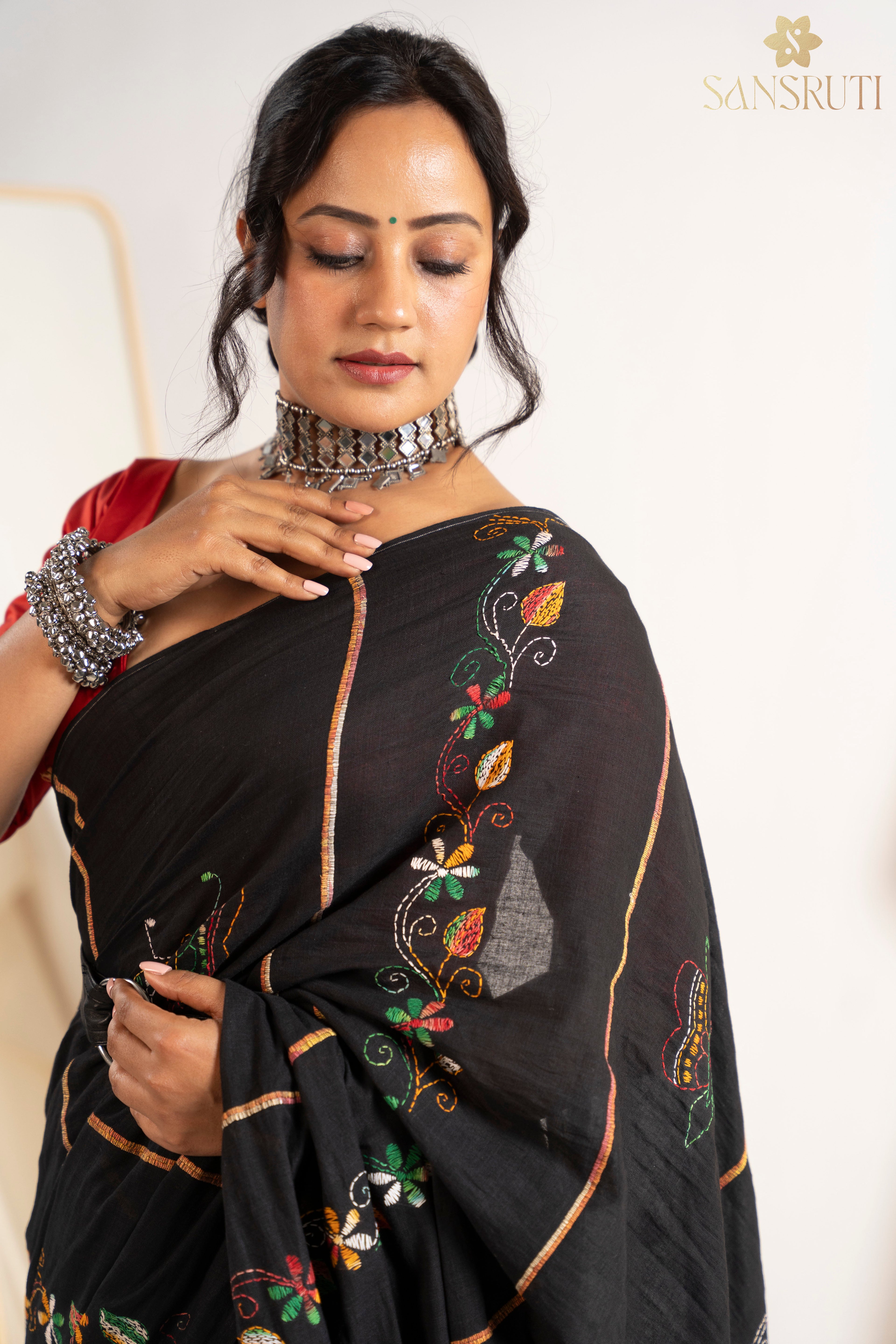 Midnight Bloom Kantha Black Saree