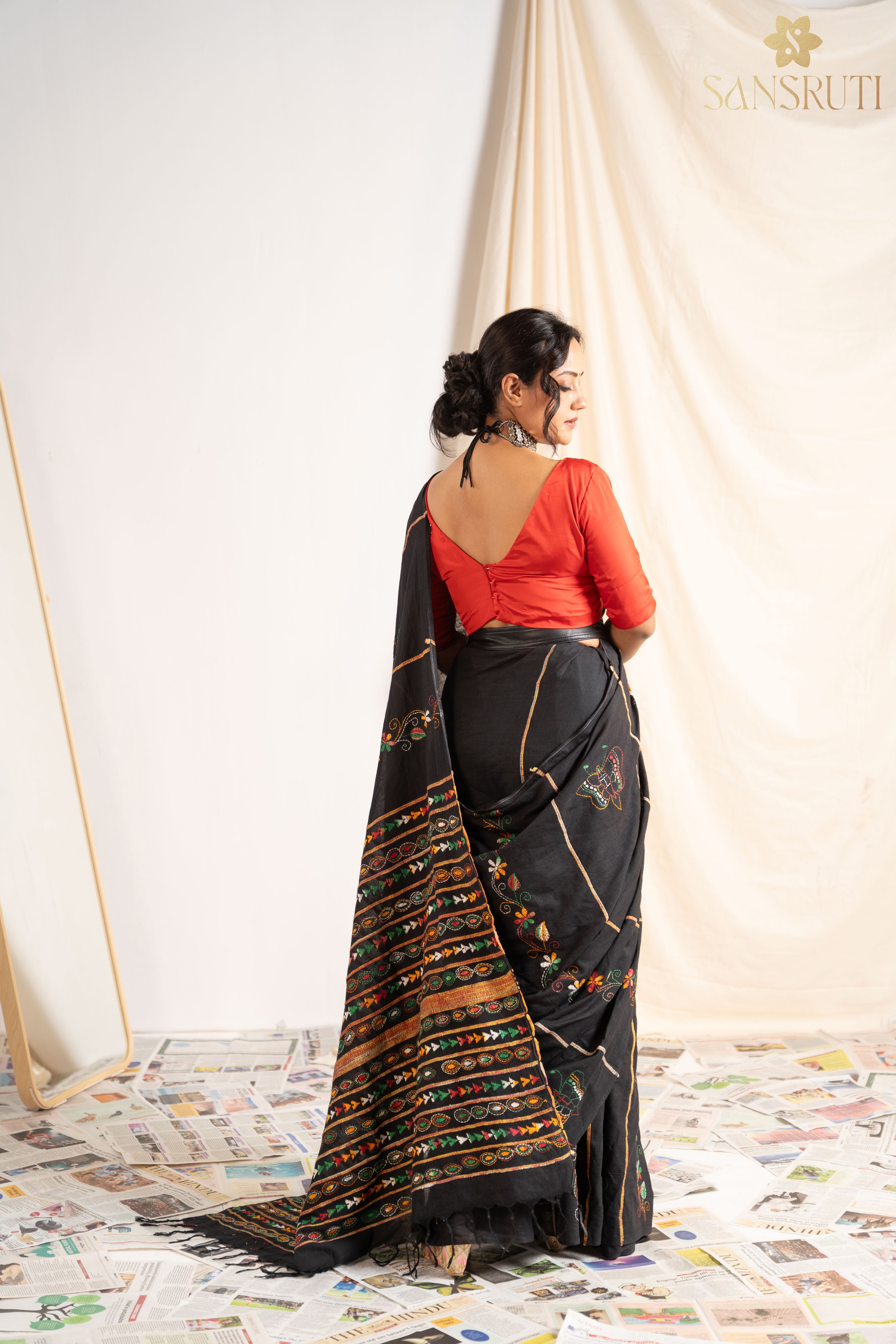 Midnight Bloom Kantha Black Saree