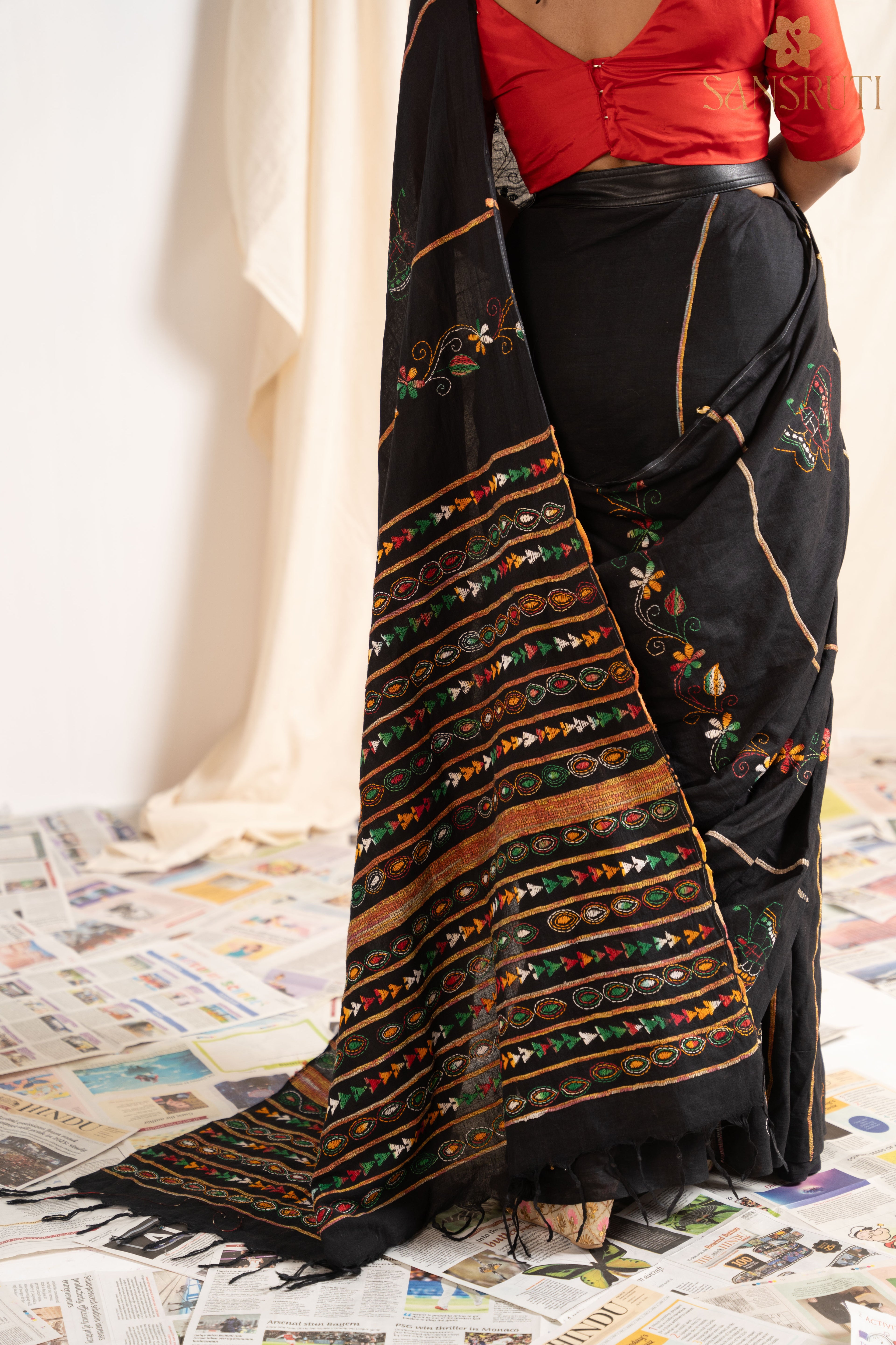 Midnight Bloom Kantha Black Saree