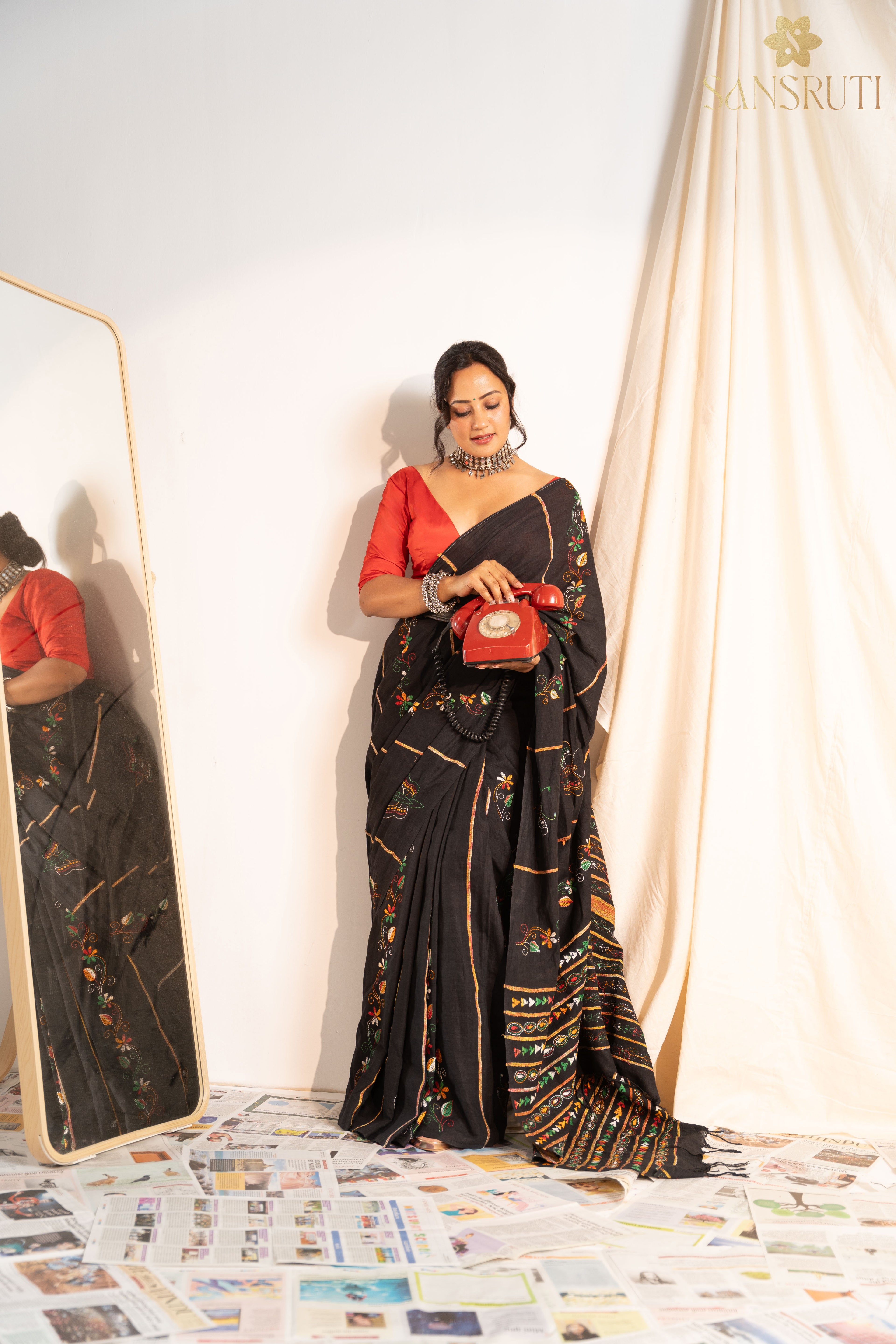 Midnight Bloom Kantha Black Saree