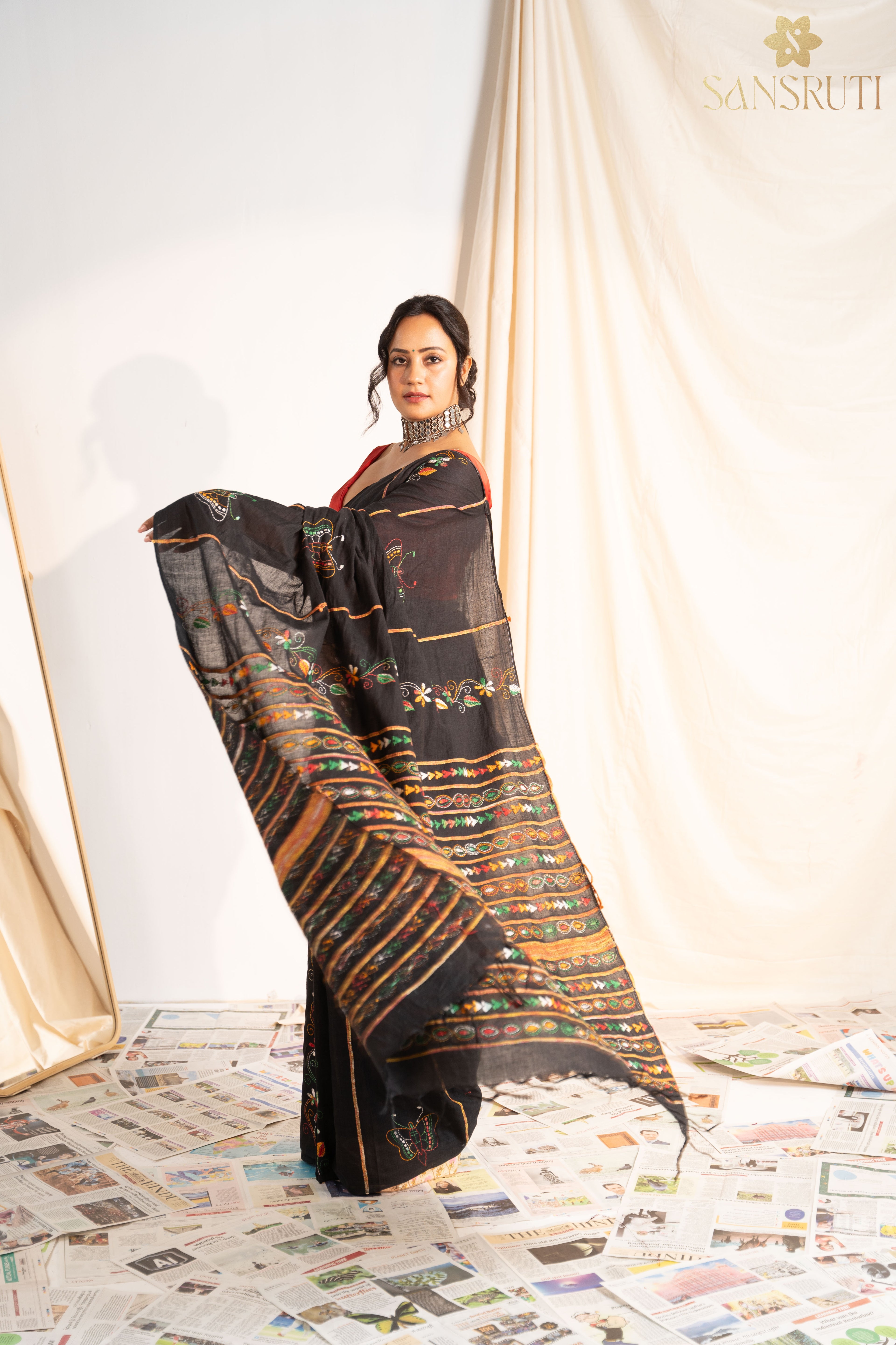 Midnight Bloom Kantha Black Saree