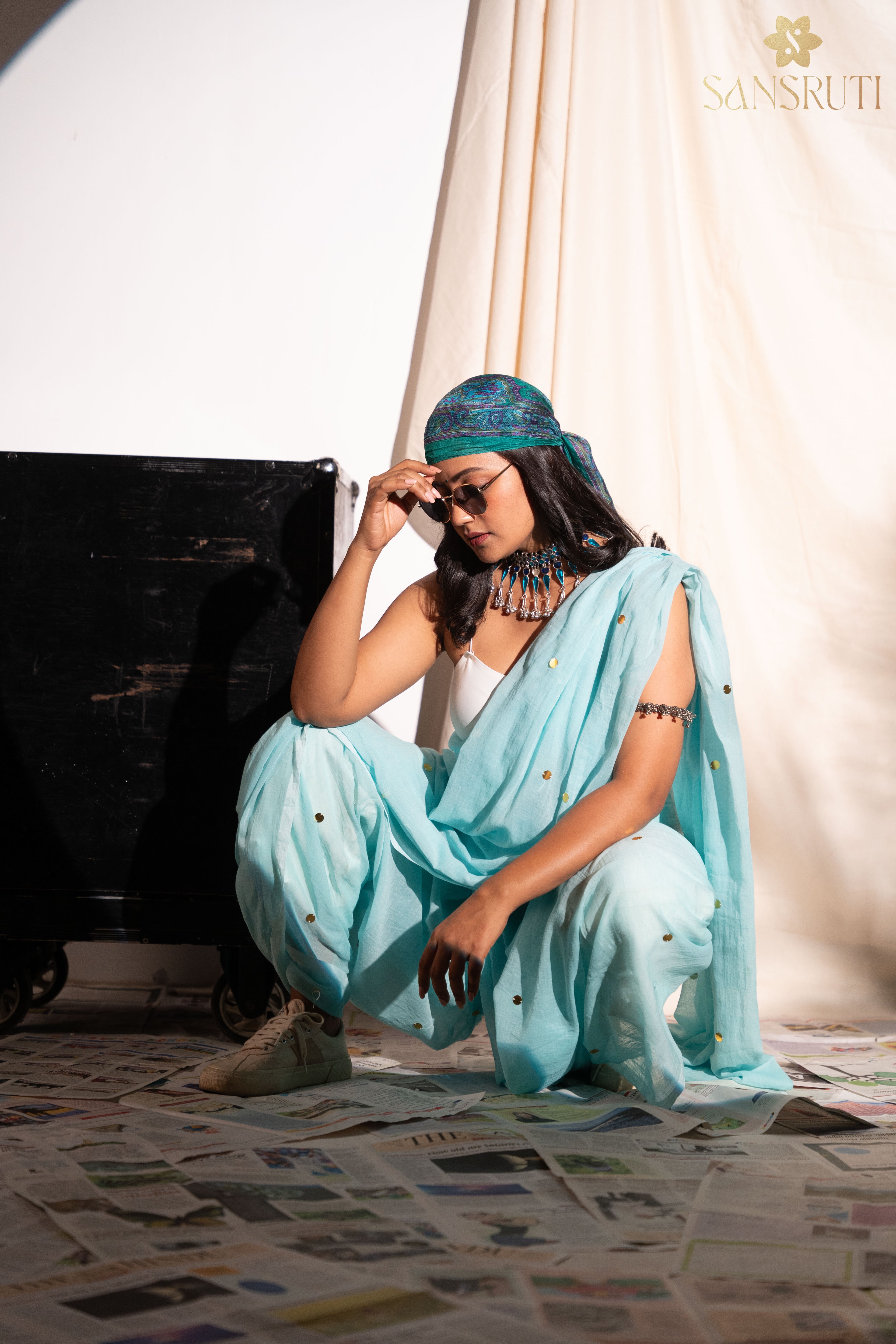 Sky Serenity Mulmul Saree