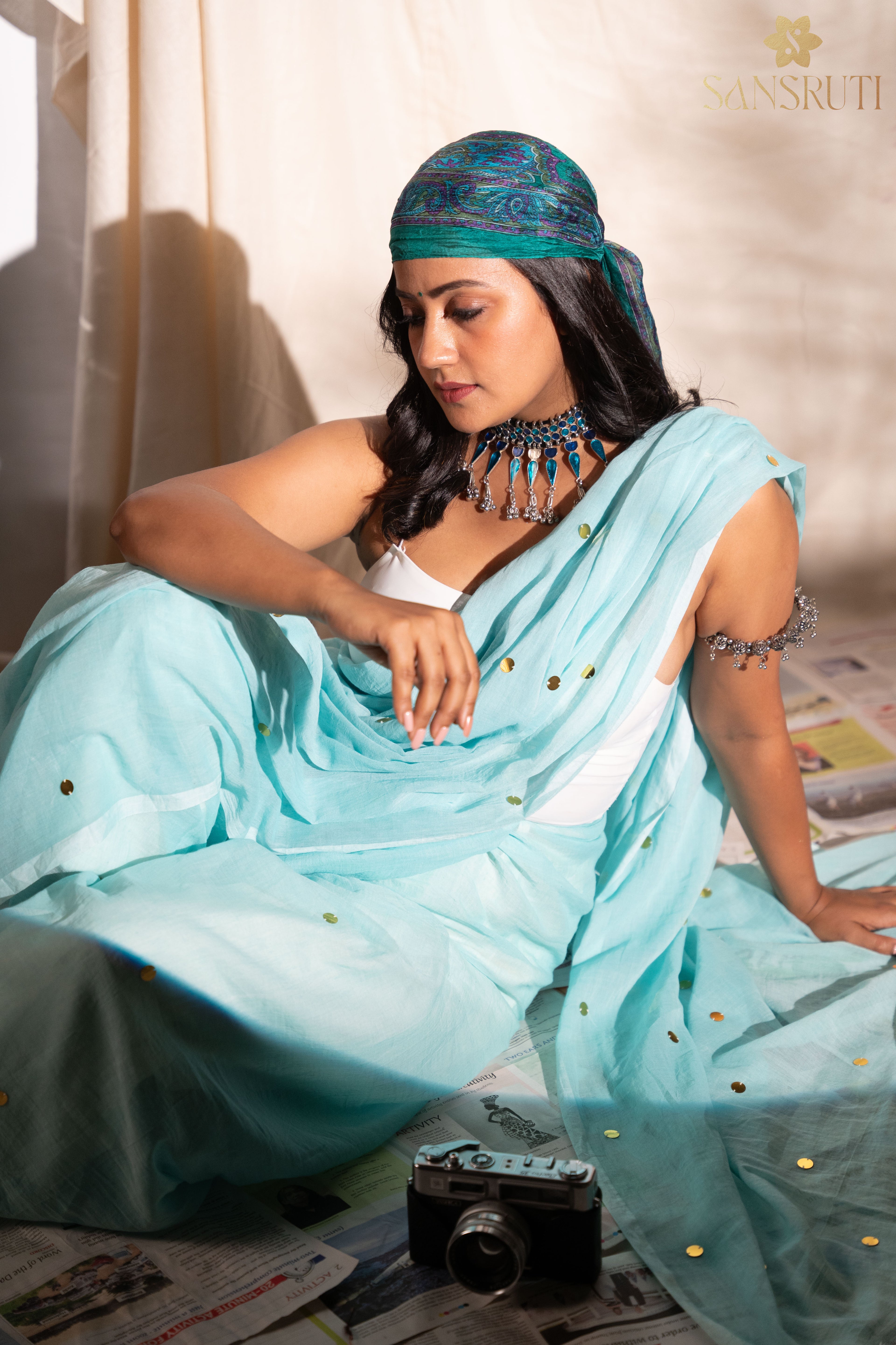 Sky Serenity Mulmul Saree