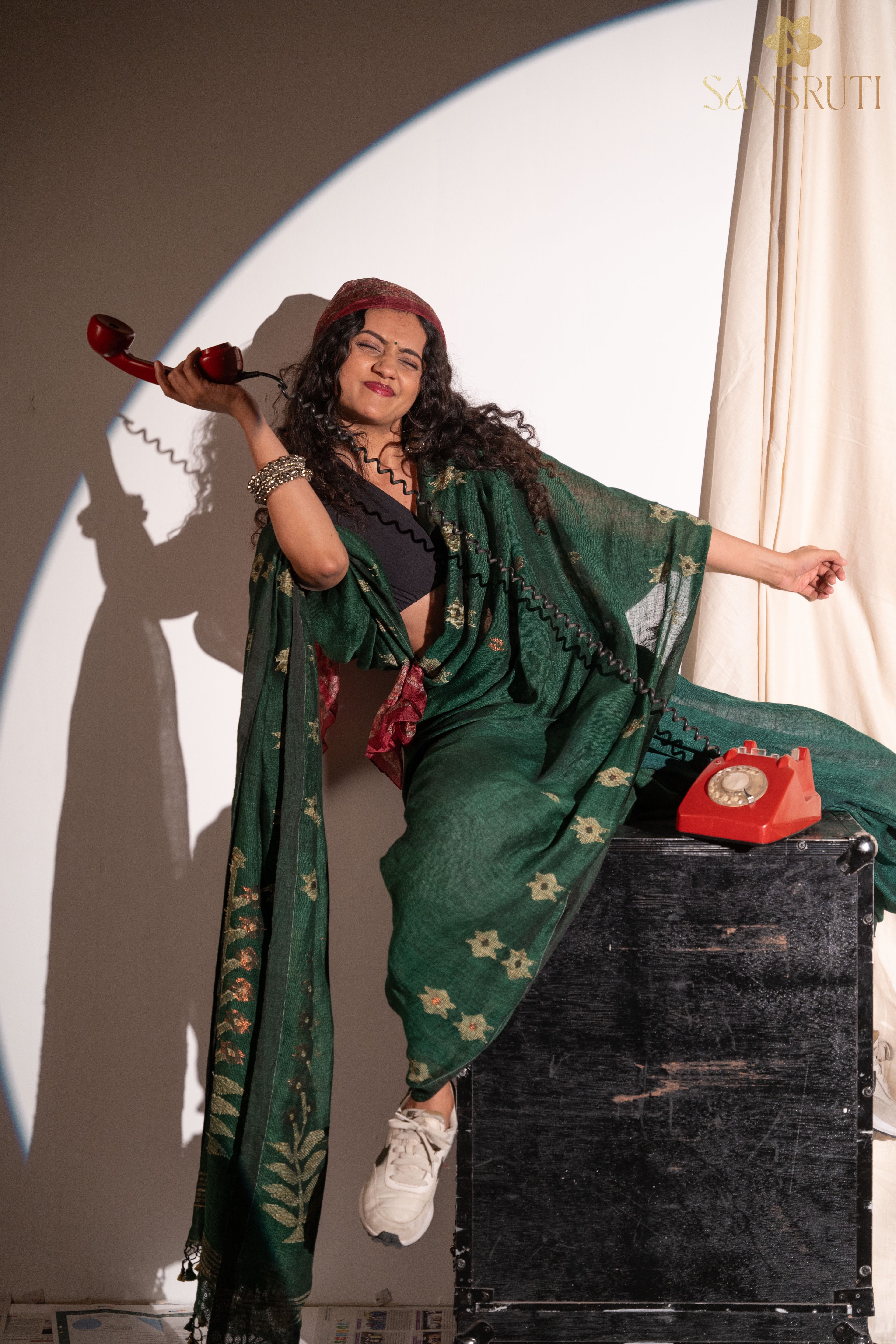 Forest Grace Bottle Green Jamdani Saree