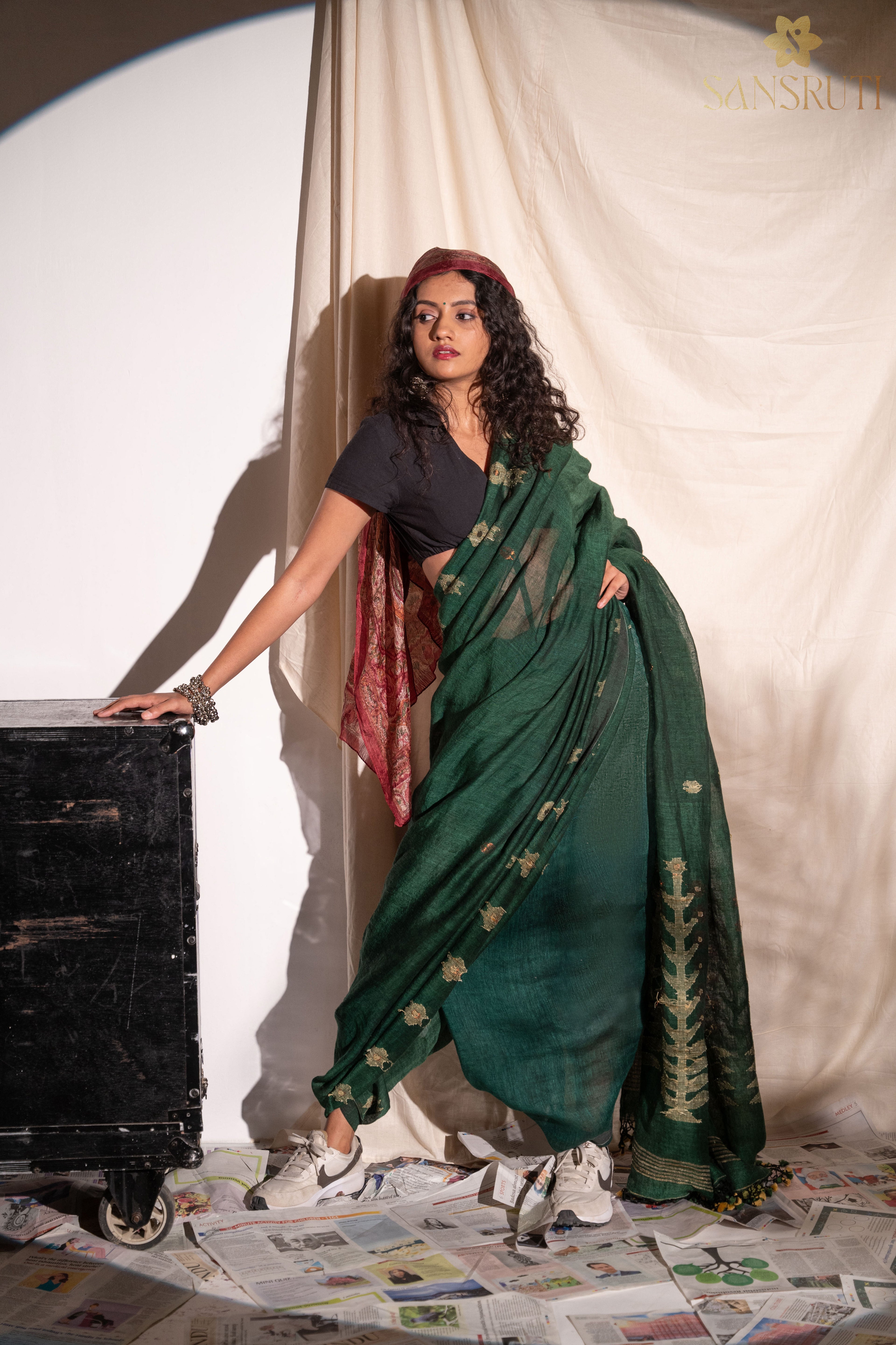 Forest Grace Bottle Green Jamdani Saree