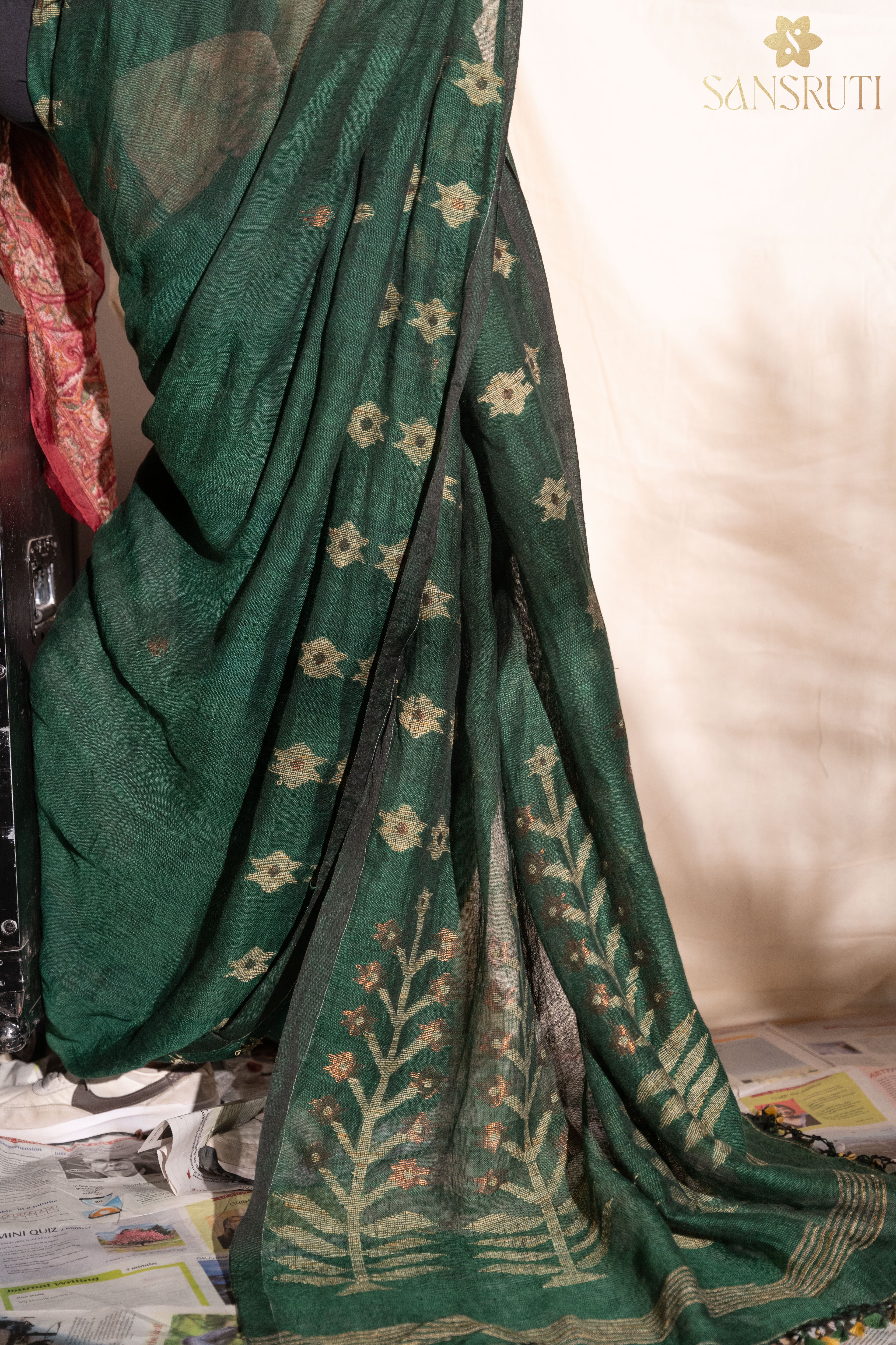 Forest Grace Bottle Green Jamdani Saree