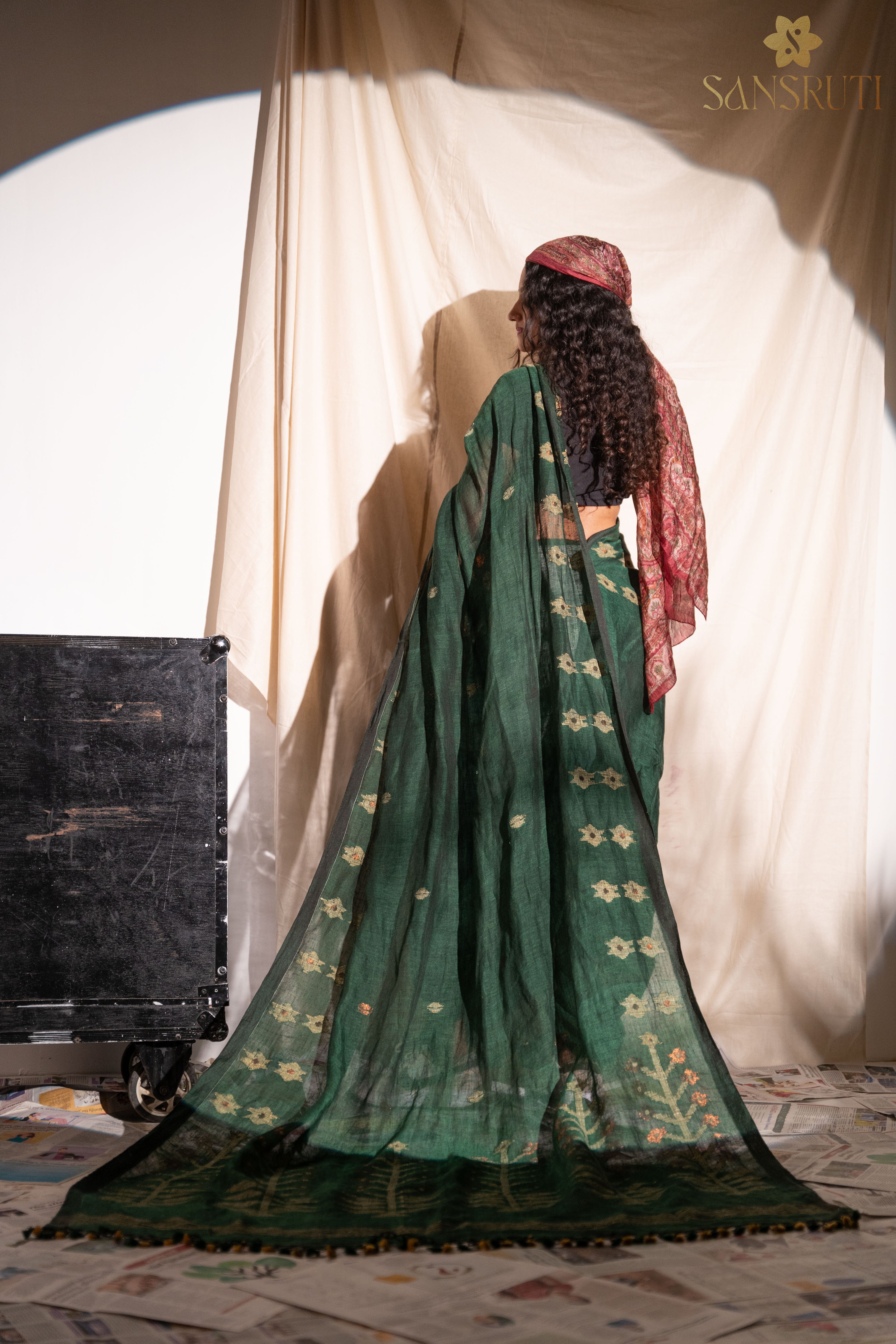 Forest Grace Bottle Green Jamdani Saree